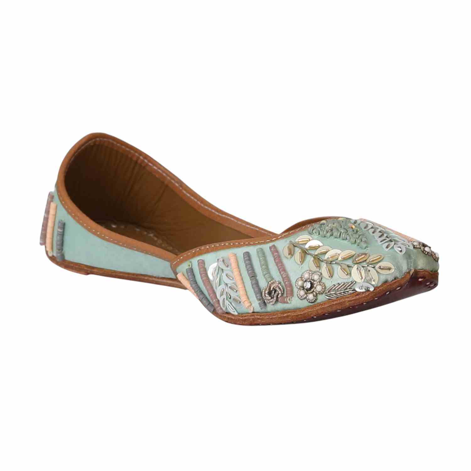 Women Sea Green Embroidered Mojaries