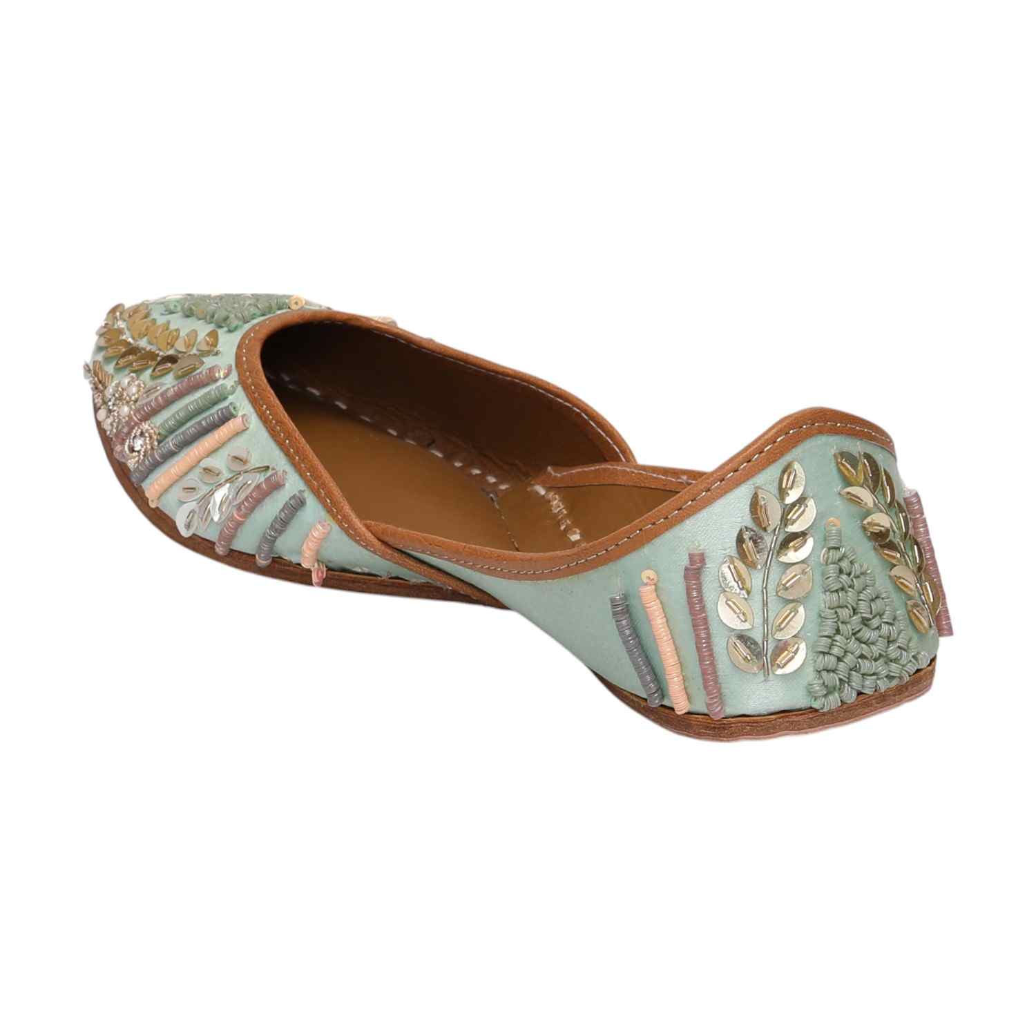 Women Sea Green Embroidered Mojaries