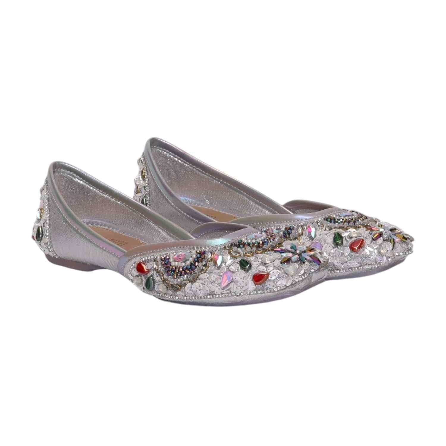 Women Stone Embellished Silver  Mojaries