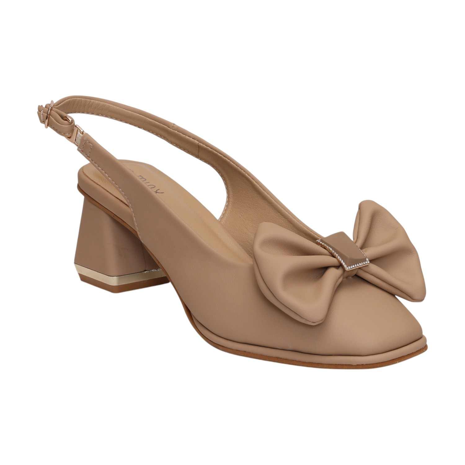 Women Beige Sandals Slingback Block Heel Pumps With Bow