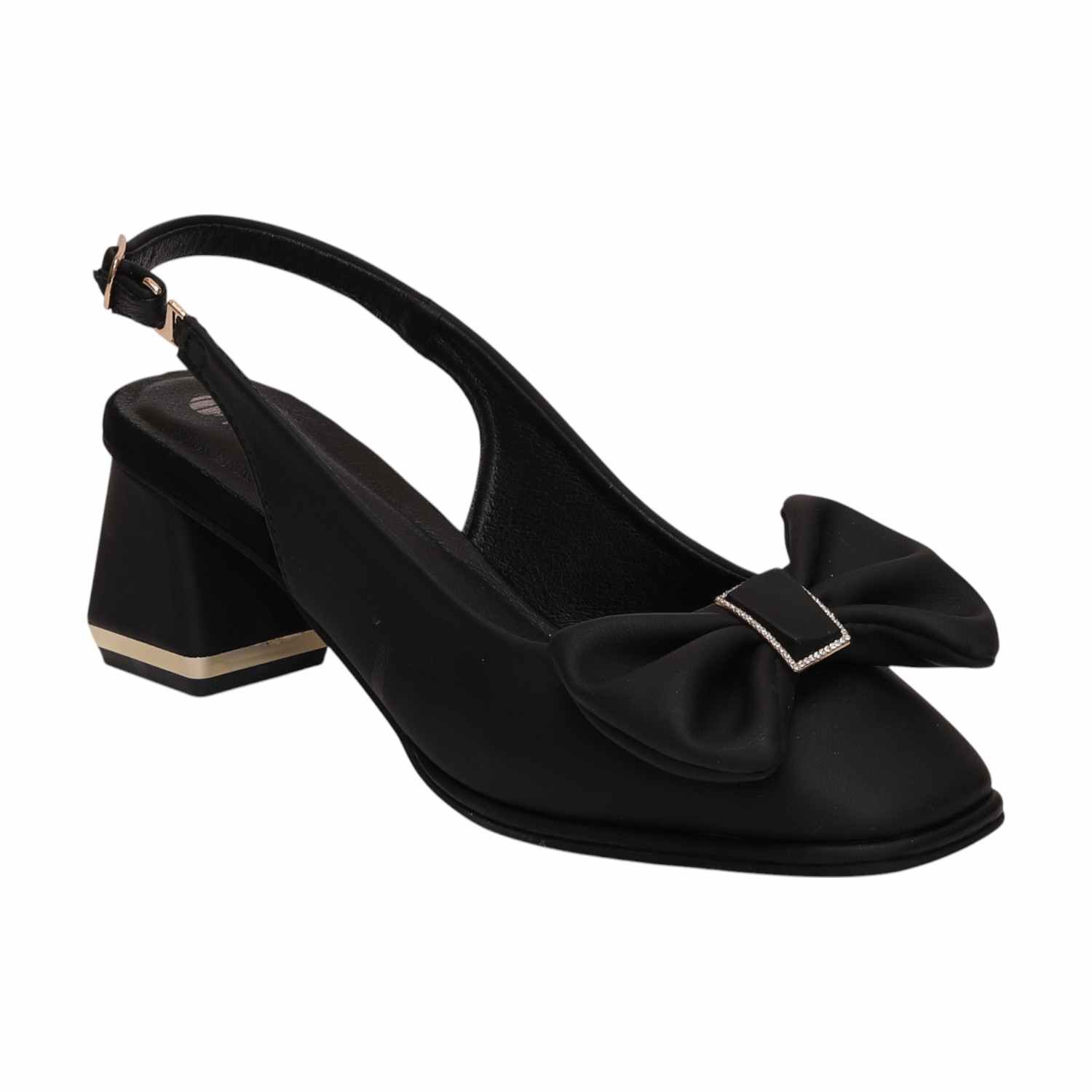 Women Black Sandals Slingback Block Heel Pumps With Bow