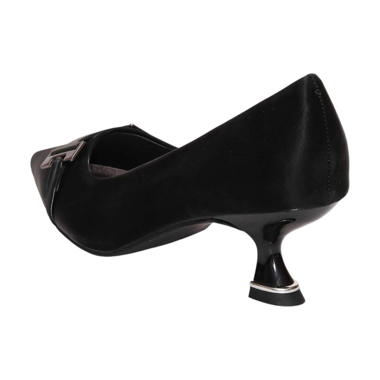 Women Black Pointed-Toe Kitten Heel Pumps With Metal Accent