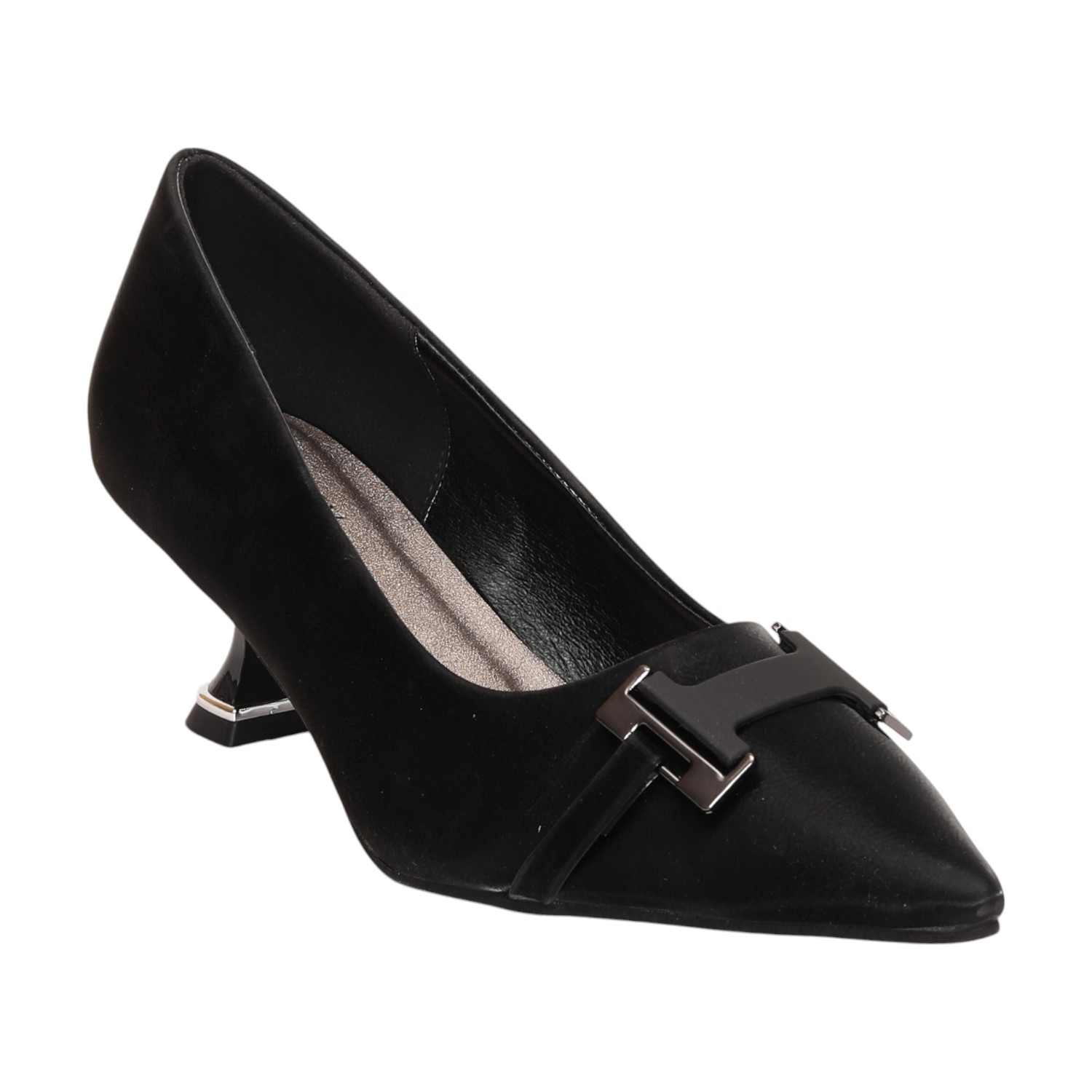 Women Black Pointed-Toe Kitten Heel Pumps With Metal Accent