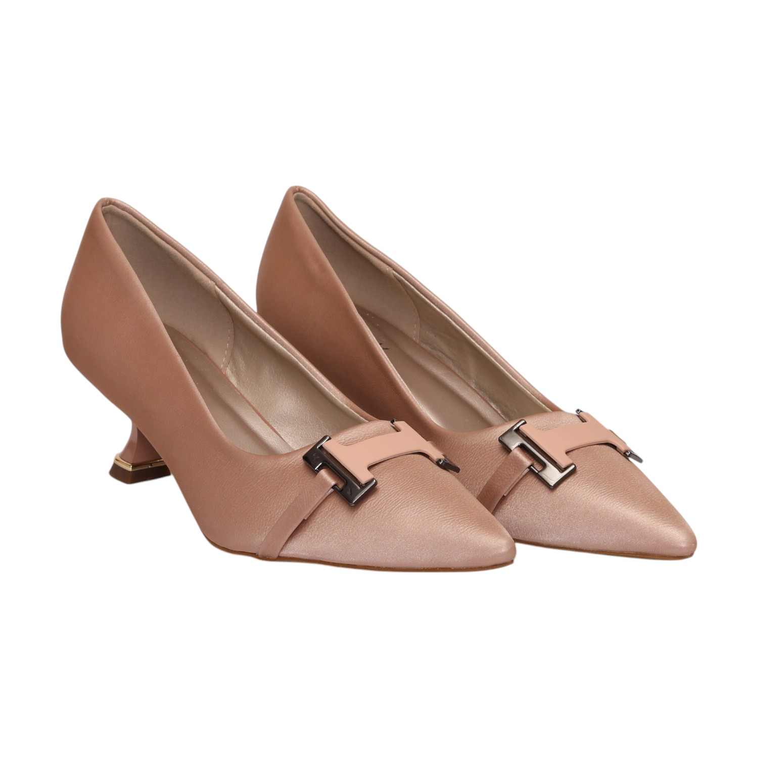 Women Rose Gold Pointed-Toe Kitten Heel Pumps With Metal Accent