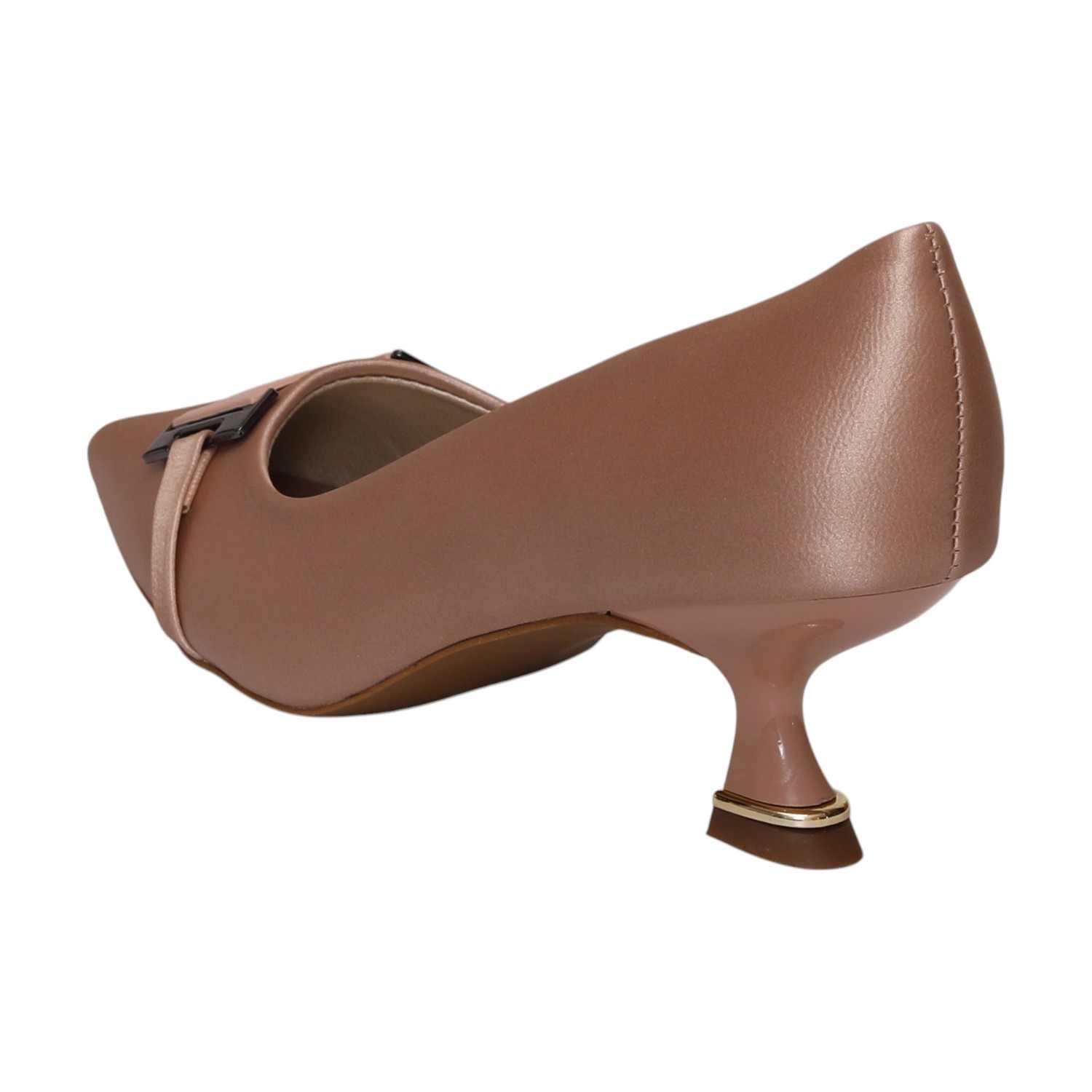 Women Rose Gold Pointed-Toe Kitten Heel Pumps With Metal Accent