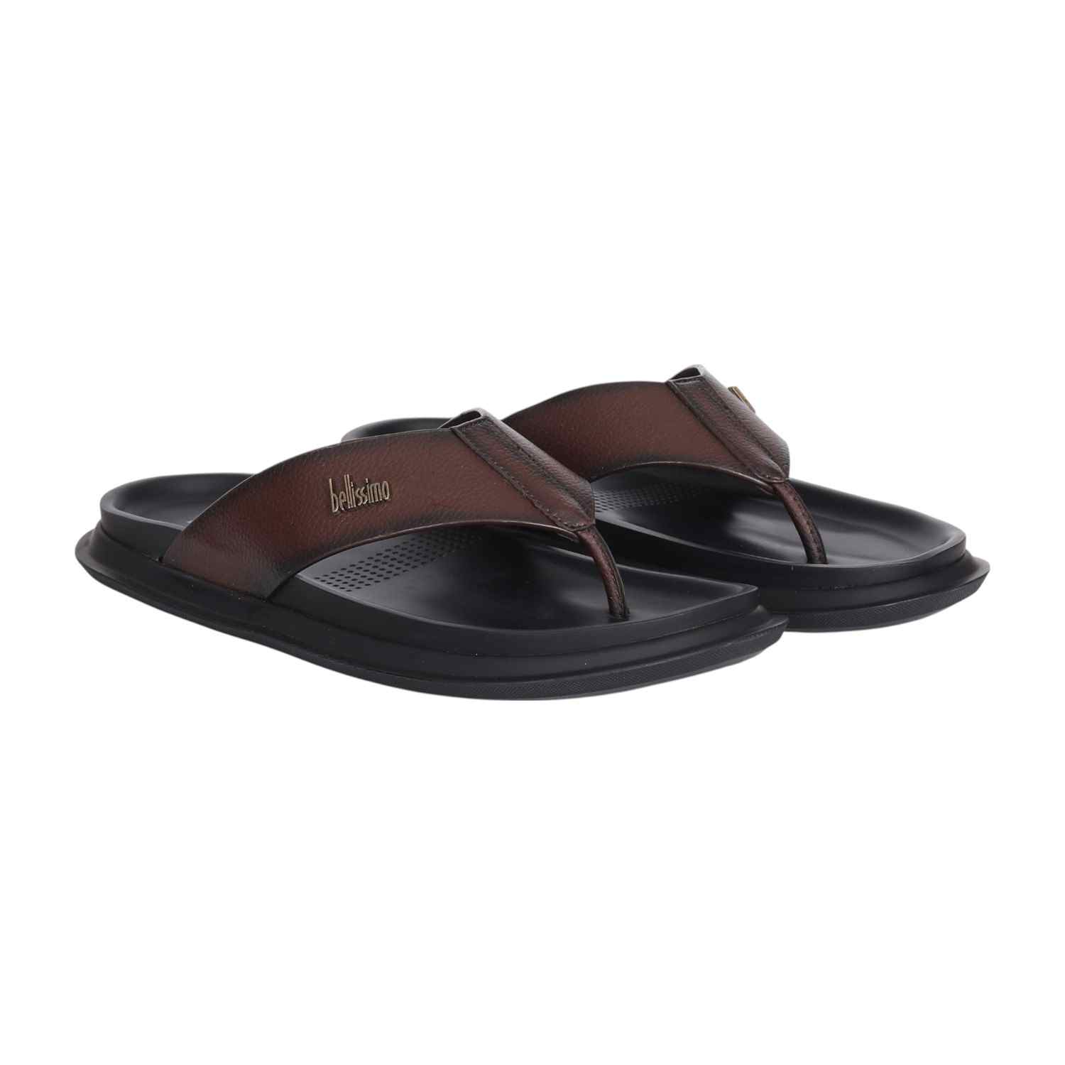 Men Brown Leather Thong Sandals with Cushioned Sole