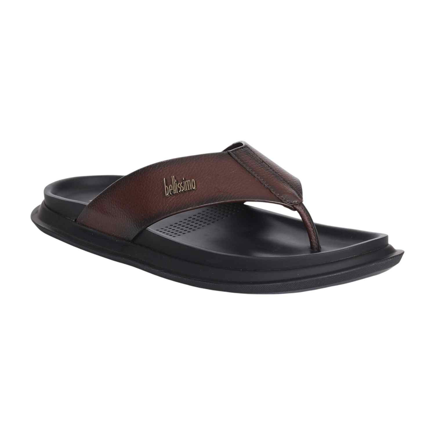 Men Brown Leather Thong Sandals with Cushioned Sole