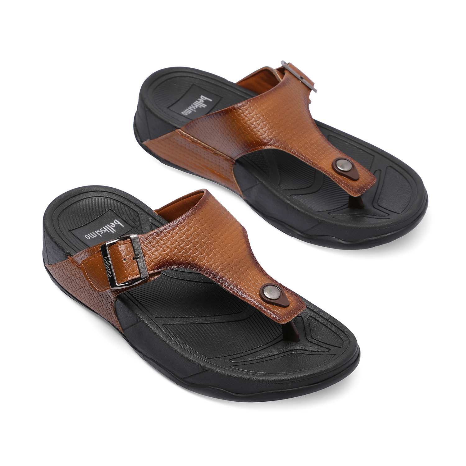 Tan Textured Chappals with Buckle Detail For Men