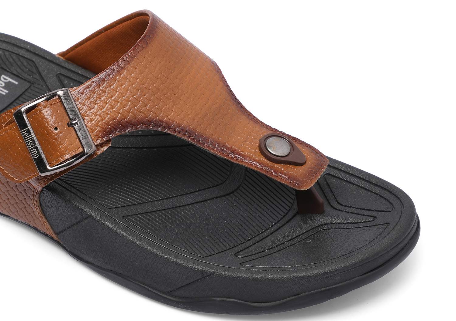 Tan Textured Chappals with Buckle Detail For Men