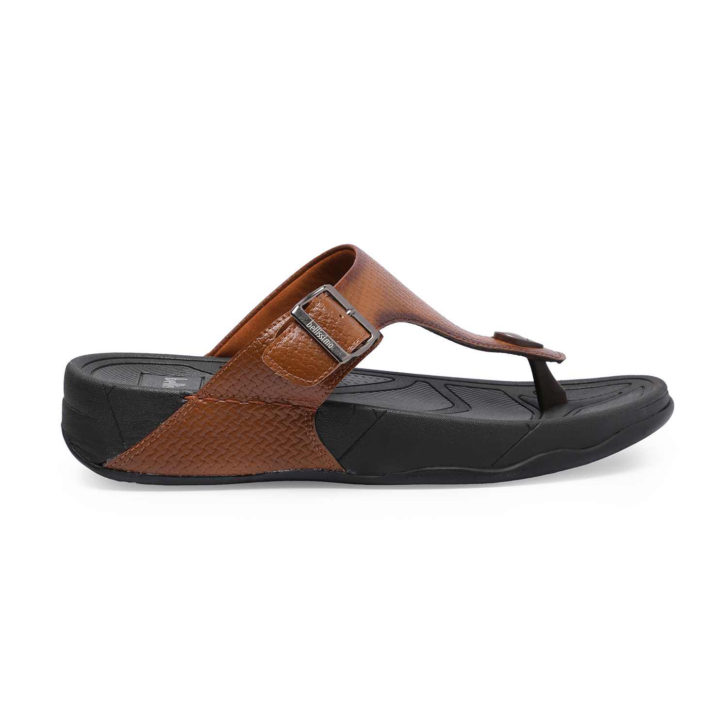 Tan Textured Chappals with Buckle Detail For Men