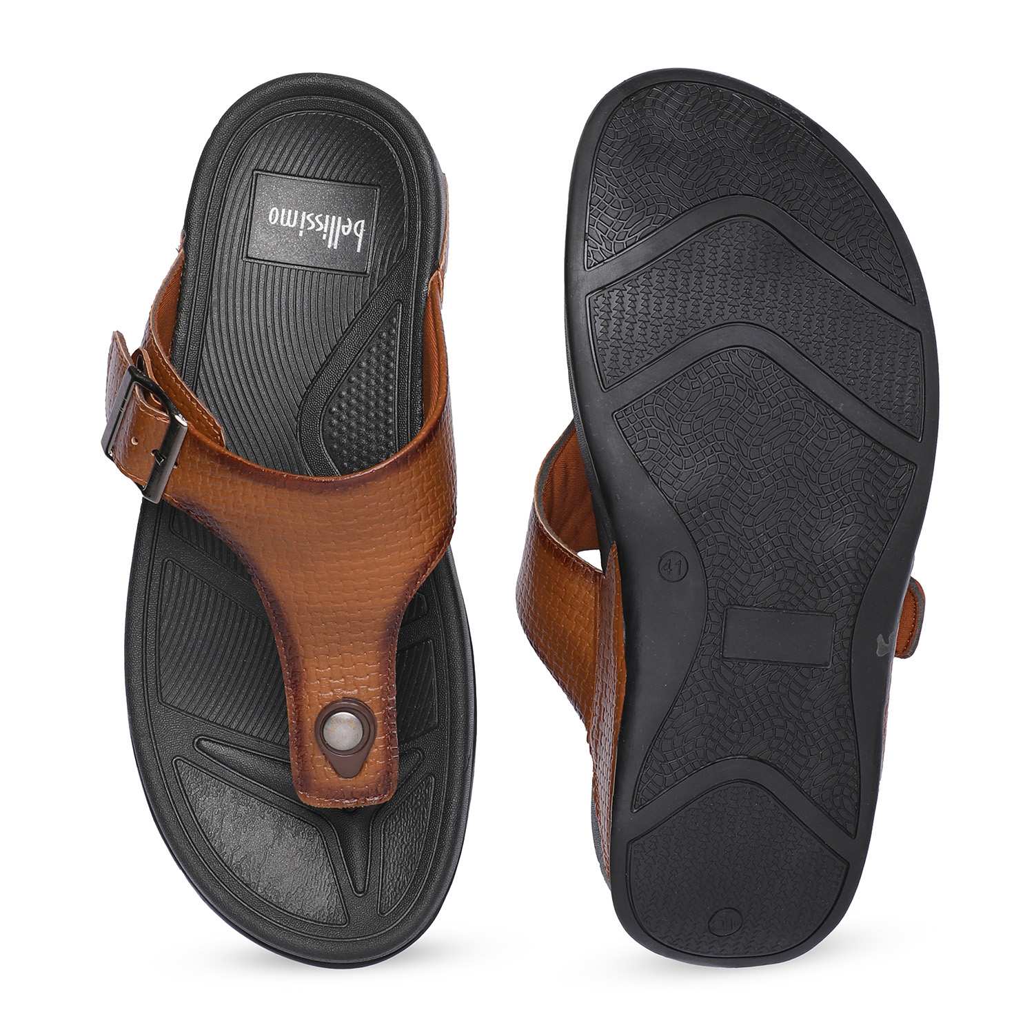 Tan Textured Chappals with Buckle Detail For Men