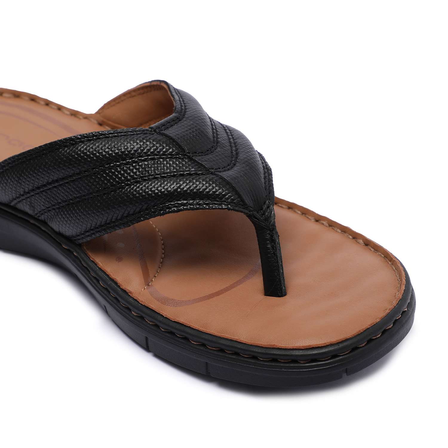 Black Textured Strap Flip-Flop Sandals with Tan Footbed For Men