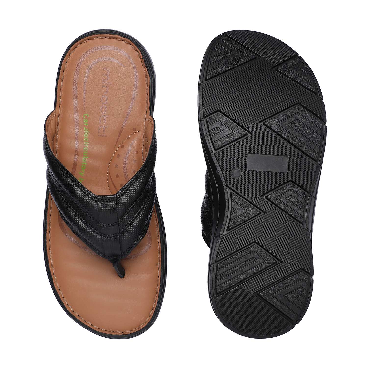 Black Textured Strap Flip-Flop Sandals with Tan Footbed For Men