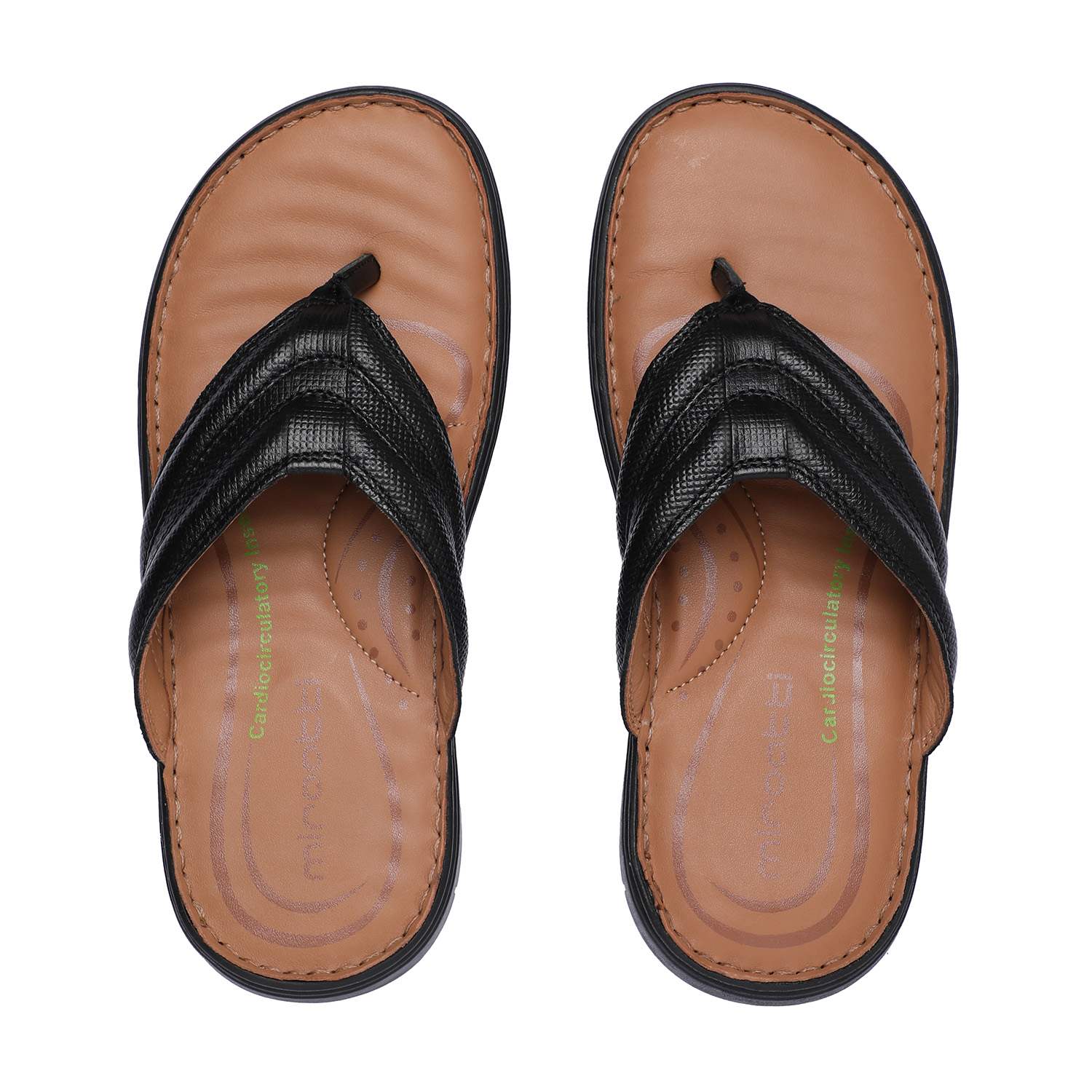Black Textured Strap Flip-Flop Sandals with Tan Footbed For Men