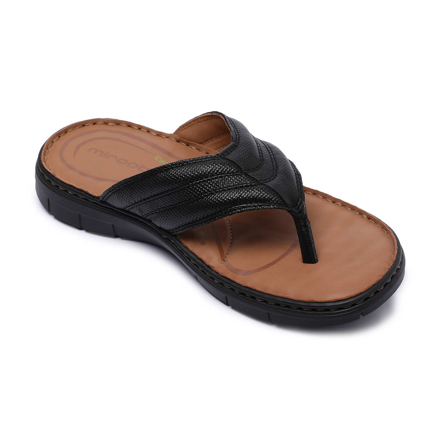 Black Textured Strap Flip-Flop Sandals with Tan Footbed For Men