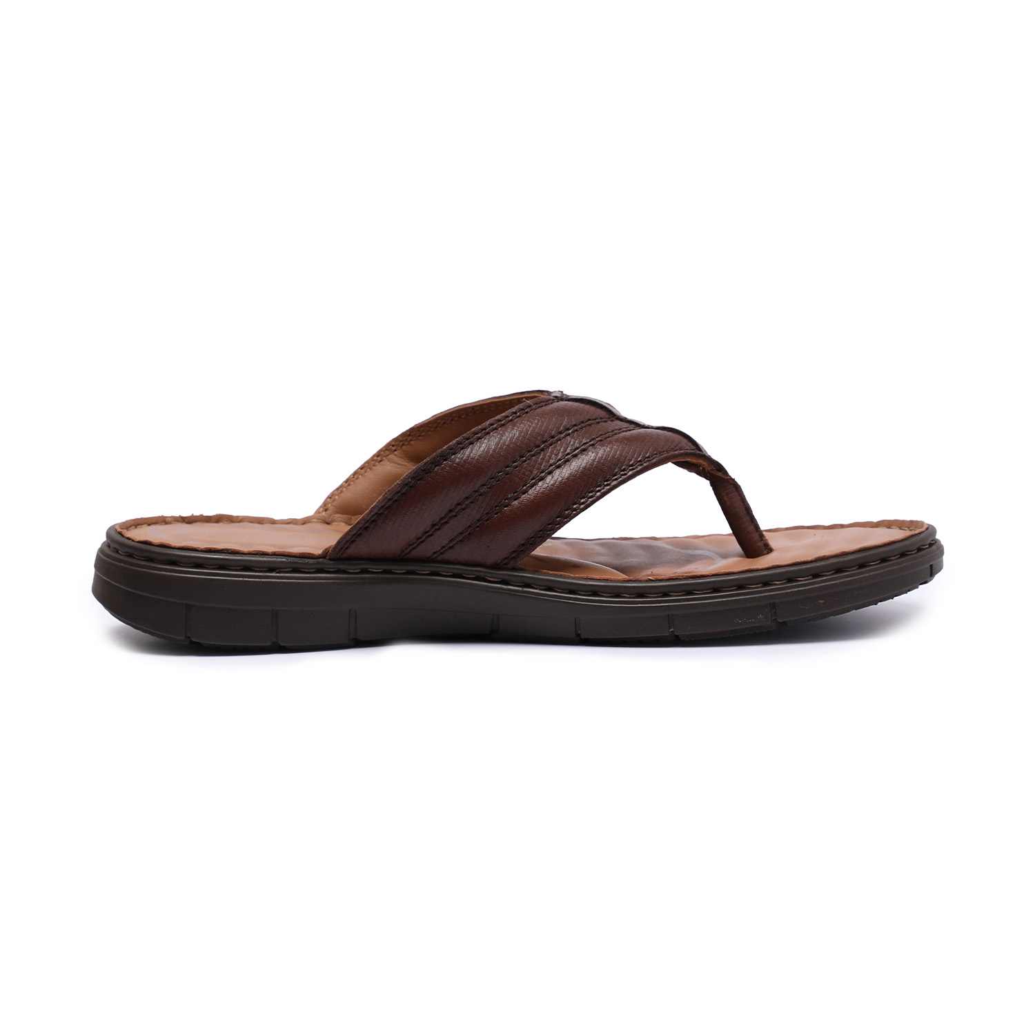 Brown Textured Strap Flip-Flop Sandals with Tan Footbed For Men