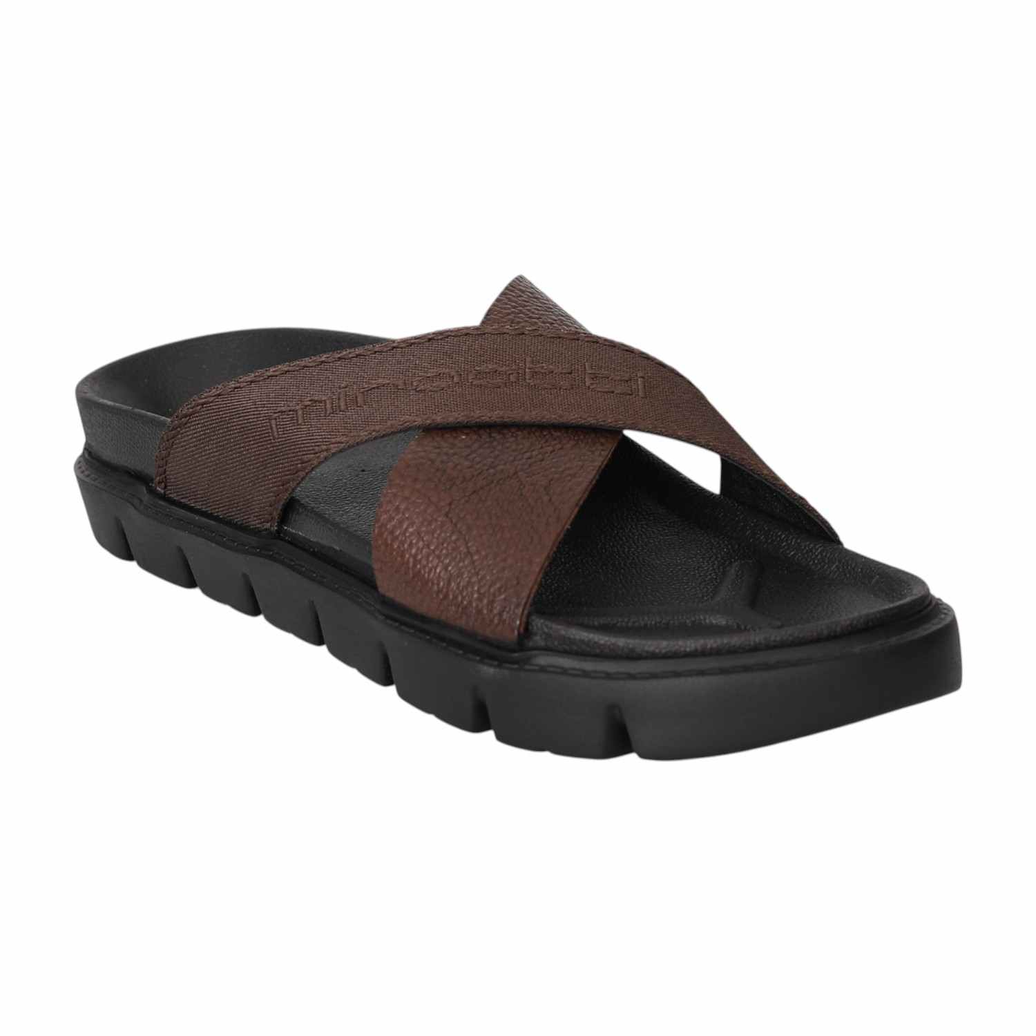 Men Brown Cross Strap Comfort Sliders