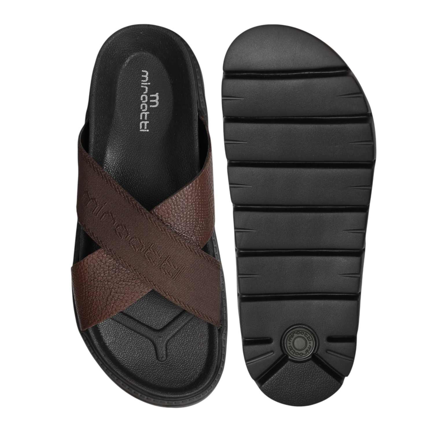 Men Brown Cross Strap Comfort Sliders