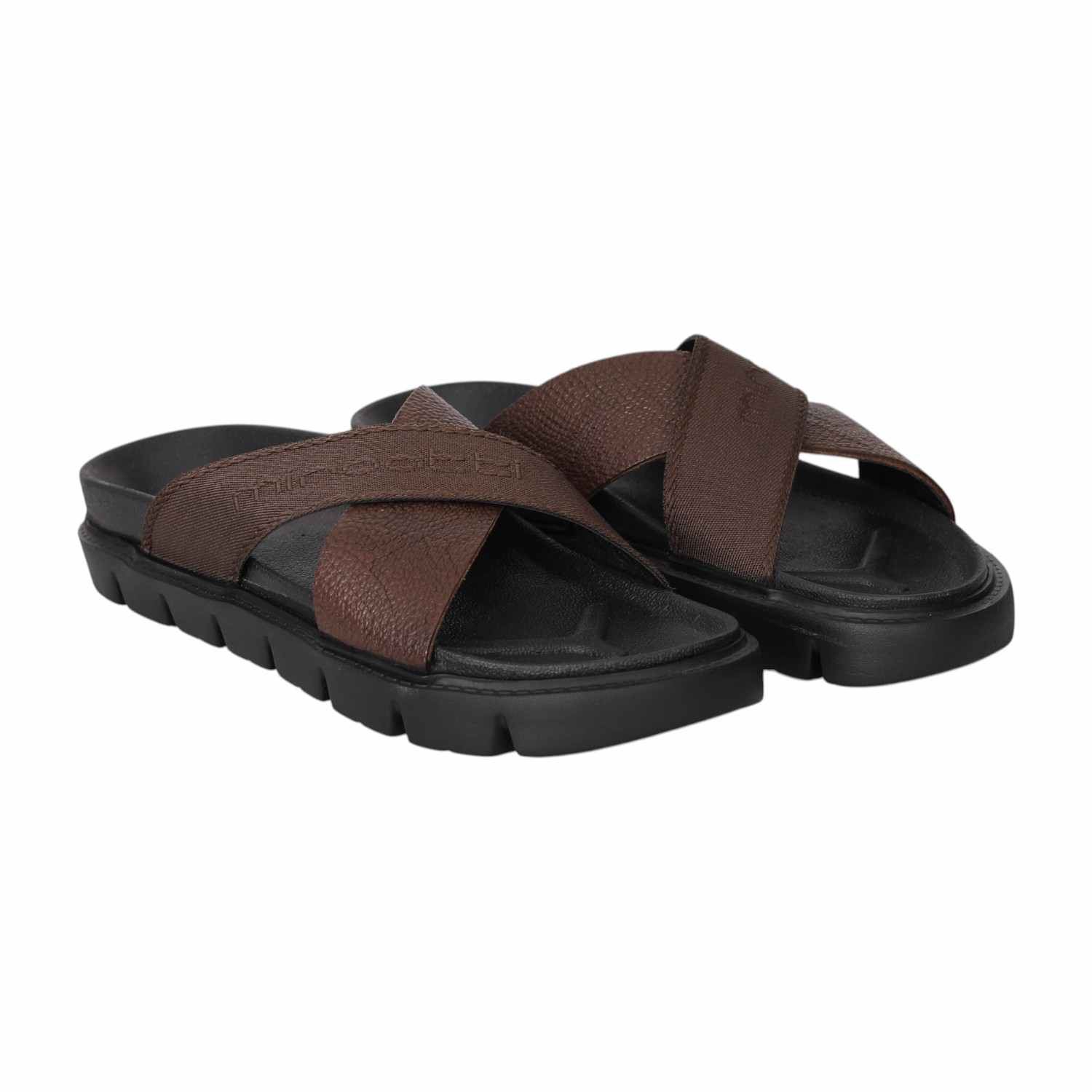 Men Brown Cross Strap Comfort Sliders