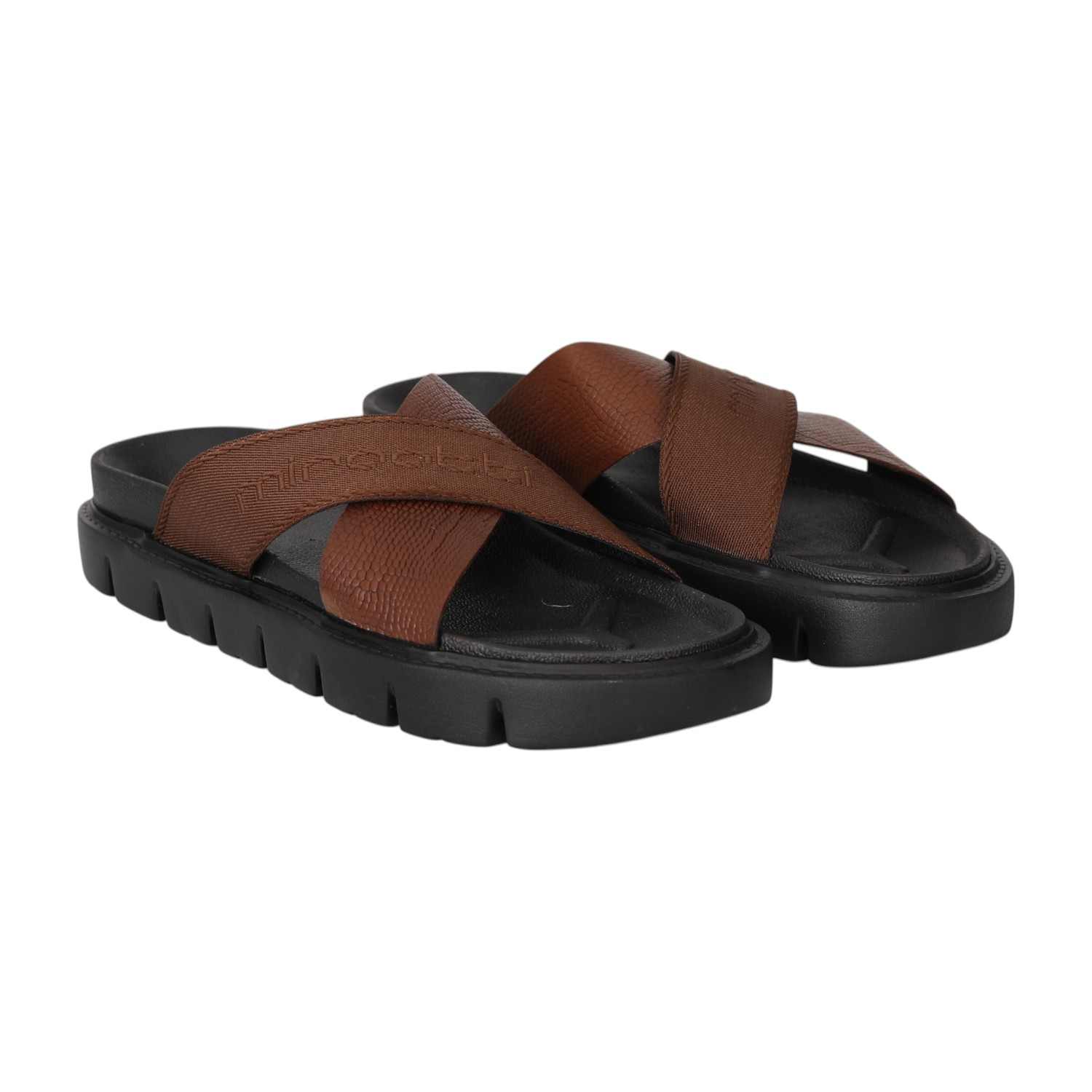 Men Tan Cross Strap Comfort Sliders