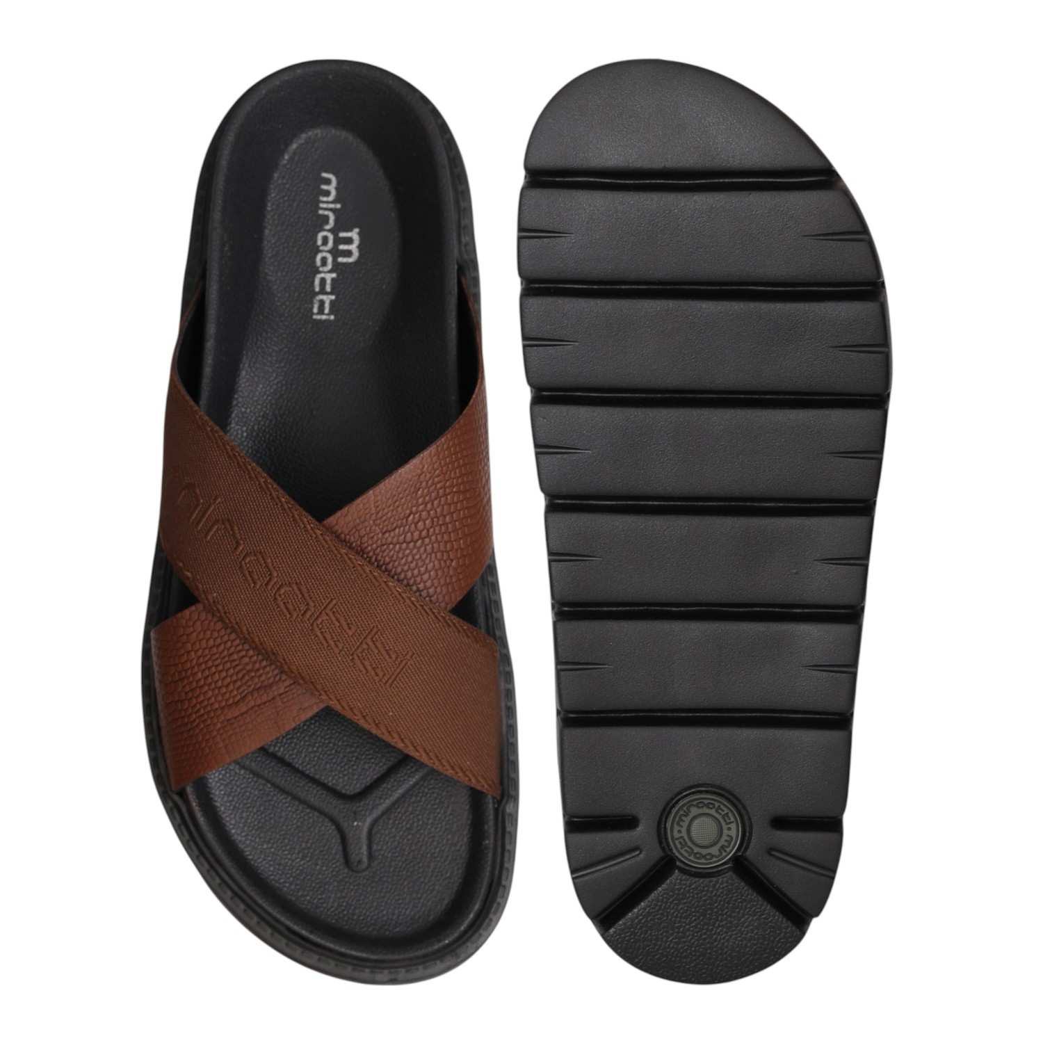 Men Tan Cross Strap Comfort Sliders
