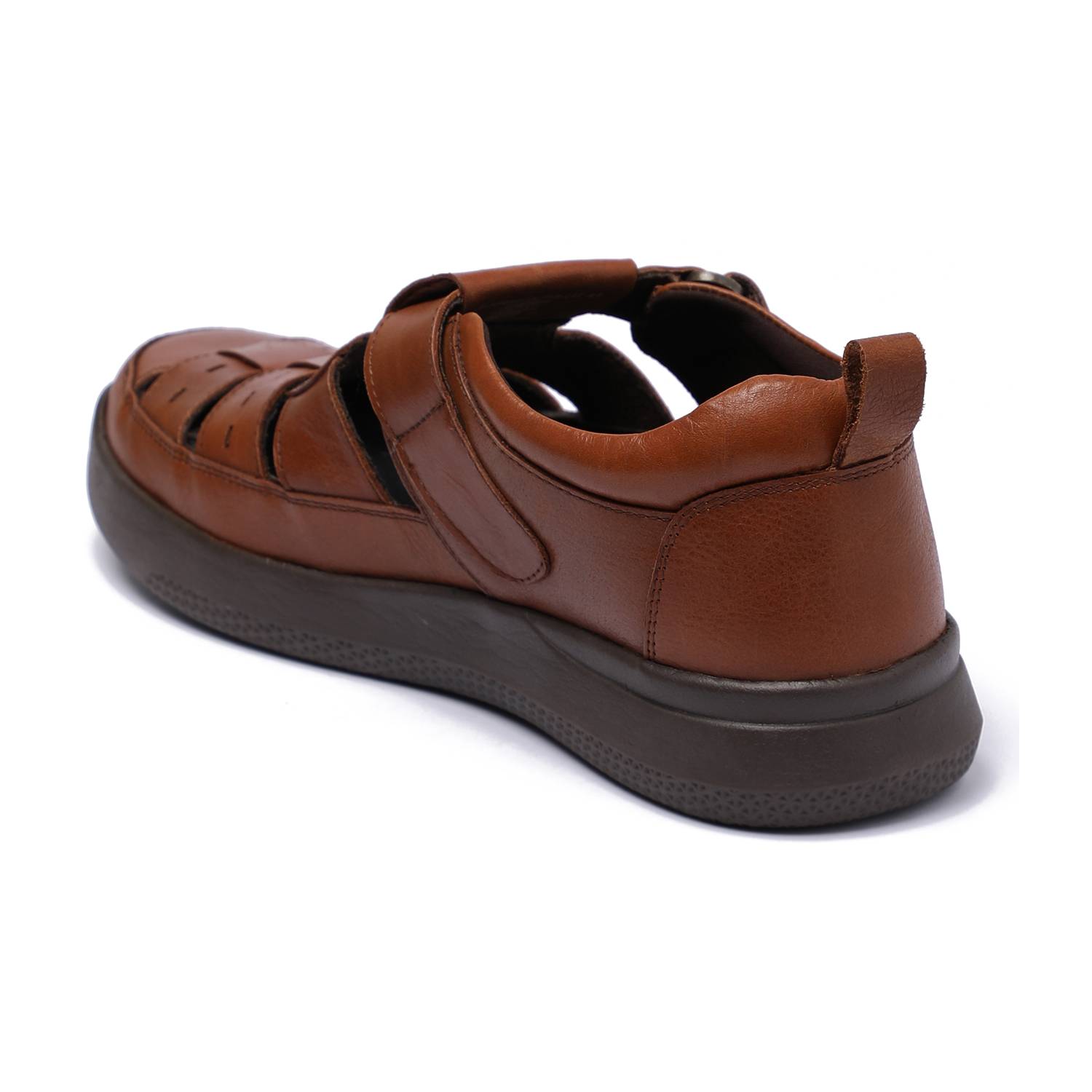 Men Tan Comfort Leather Sandals with Hook-and-Loop Strap