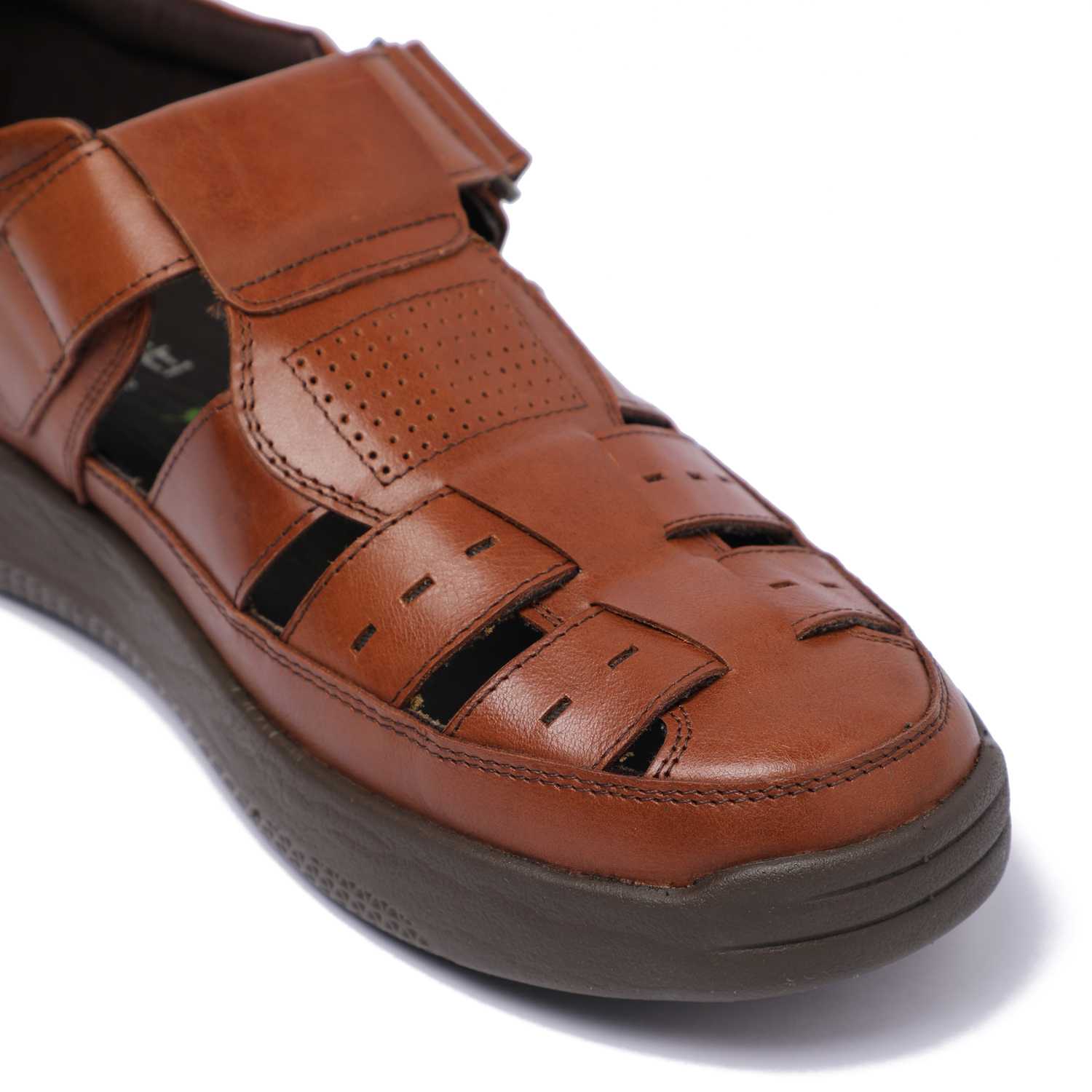 Men Tan Comfort Leather Sandals with Hook-and-Loop Strap
