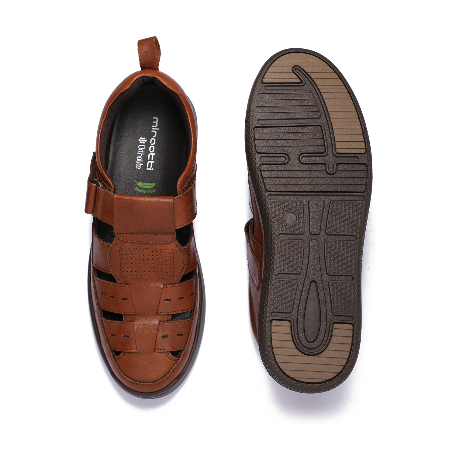 Men Tan Comfort Leather Sandals with Hook-and-Loop Strap