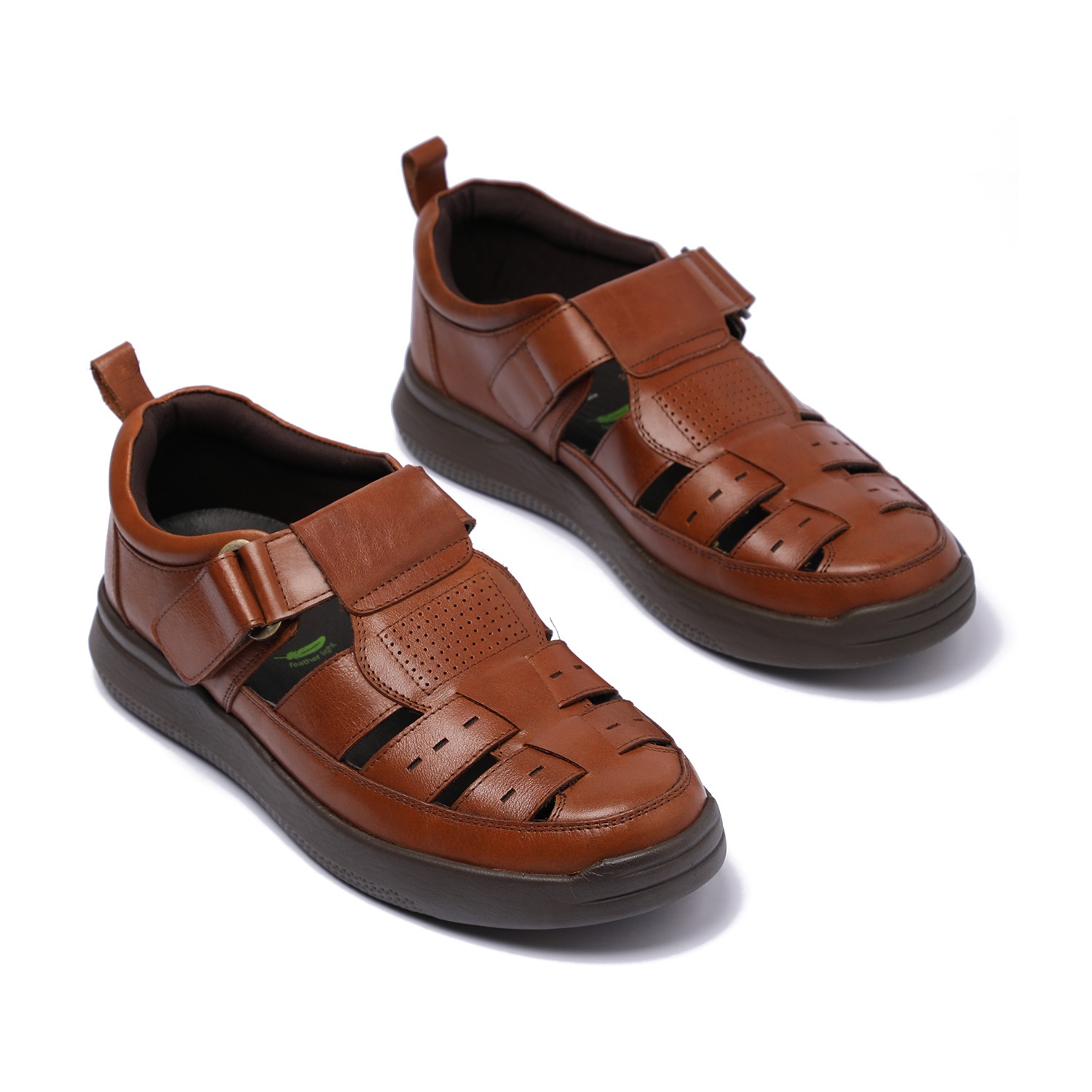 Men Tan Comfort Leather Sandals with Hook-and-Loop Strap
