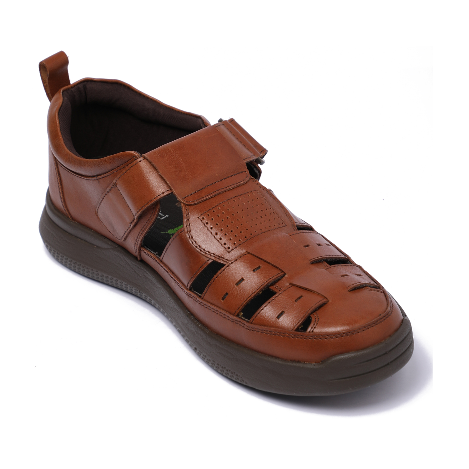 Men Tan Comfort Leather Sandals with Hook-and-Loop Strap