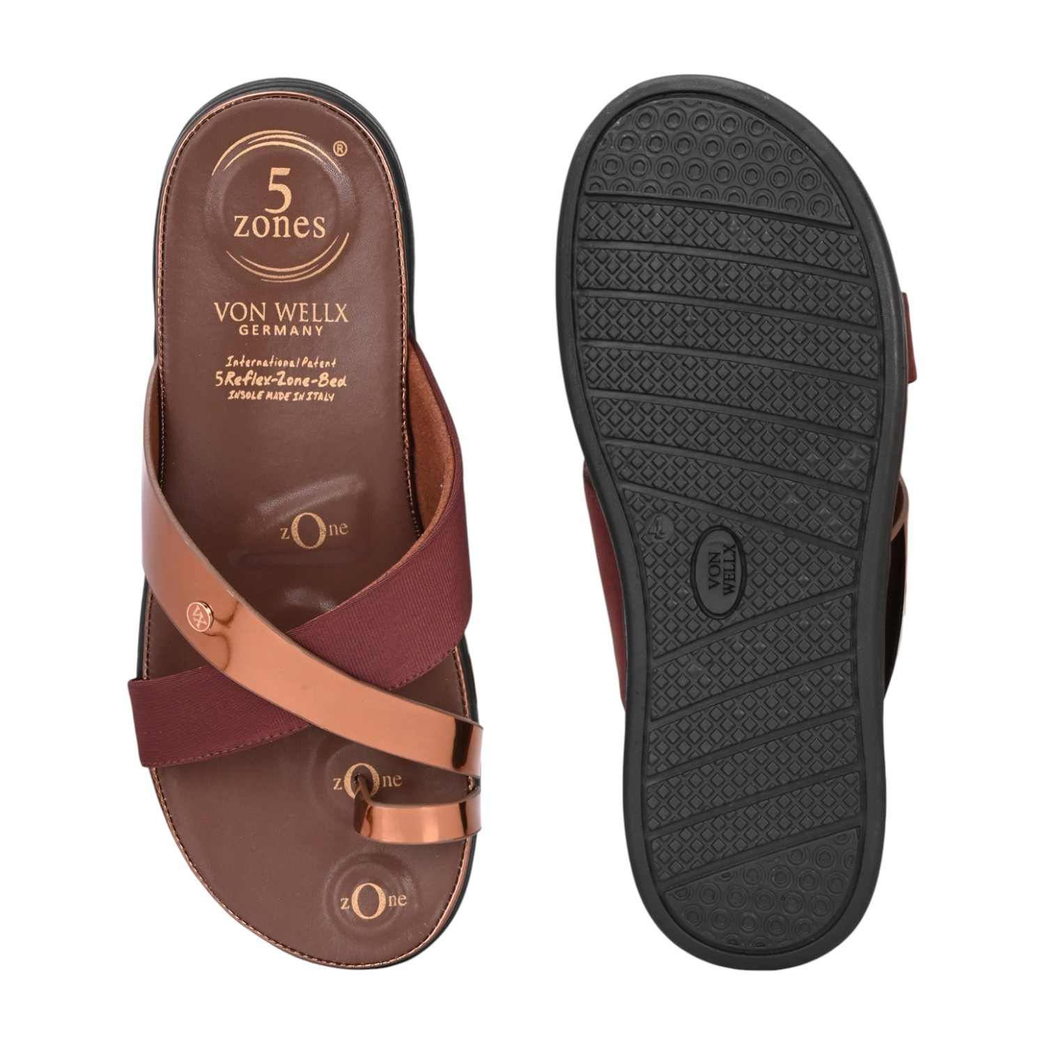 Women Rose Gold and Maroon Crossover Comfort Sandal with Toe Loop