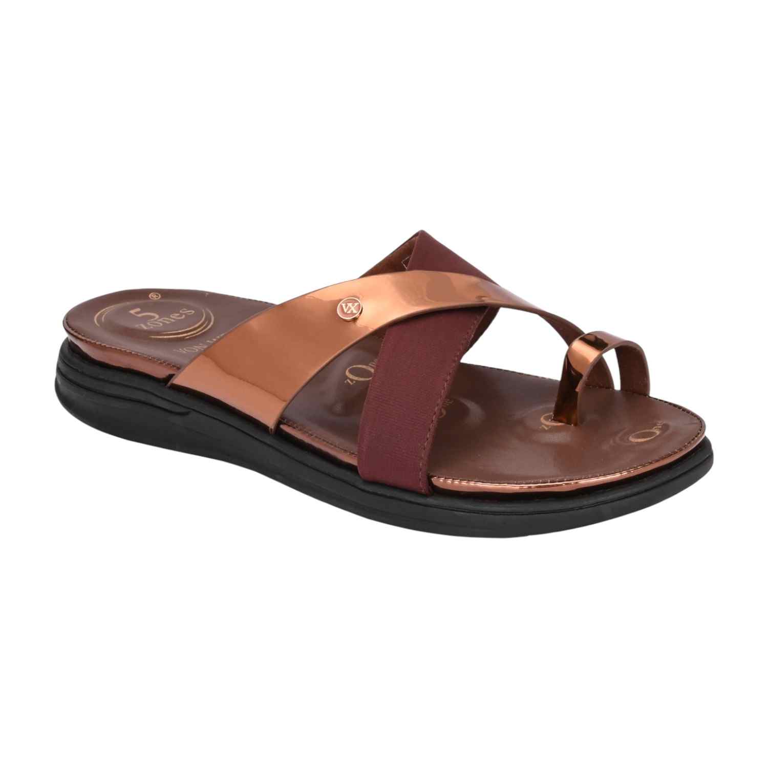 Women Rose Gold and Maroon Crossover Comfort Sandal with Toe Loop