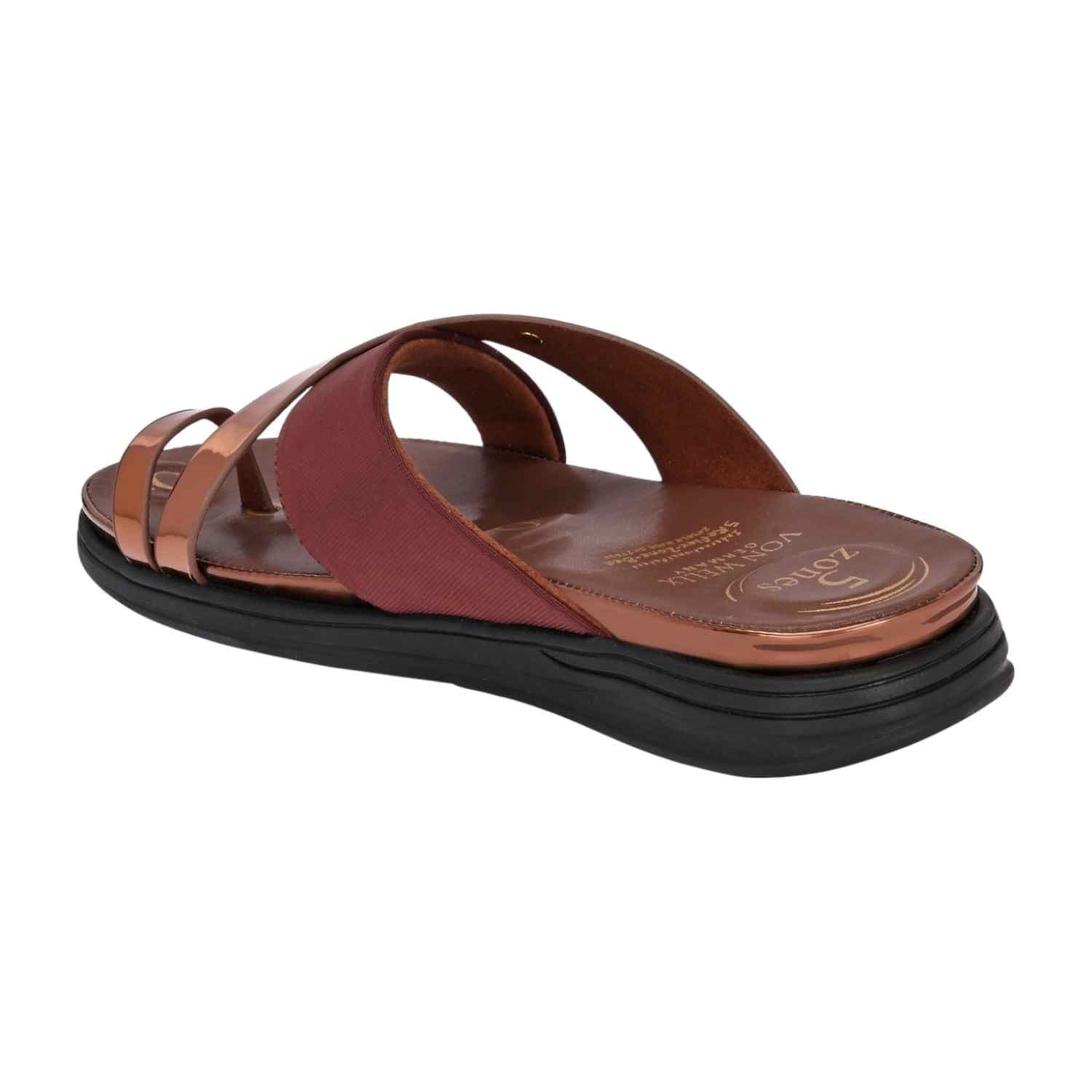 Women Rose Gold and Maroon Crossover Comfort Sandal with Toe Loop