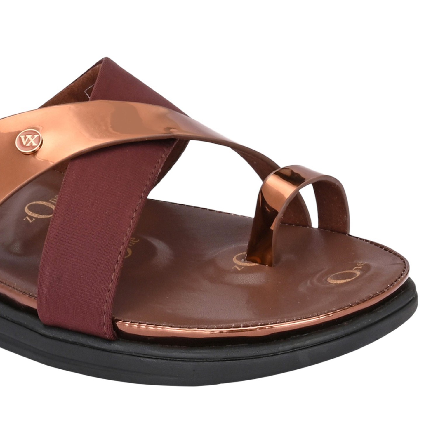 Women Rose Gold and Maroon Crossover Comfort Sandal with Toe Loop