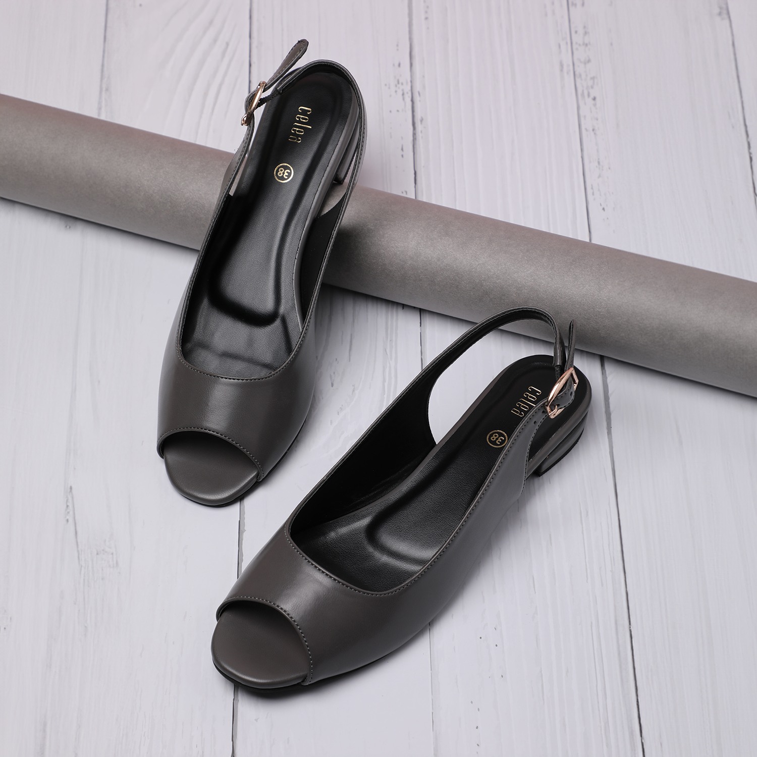 Women Grey Peep-Toe Slingback Flat Sandals