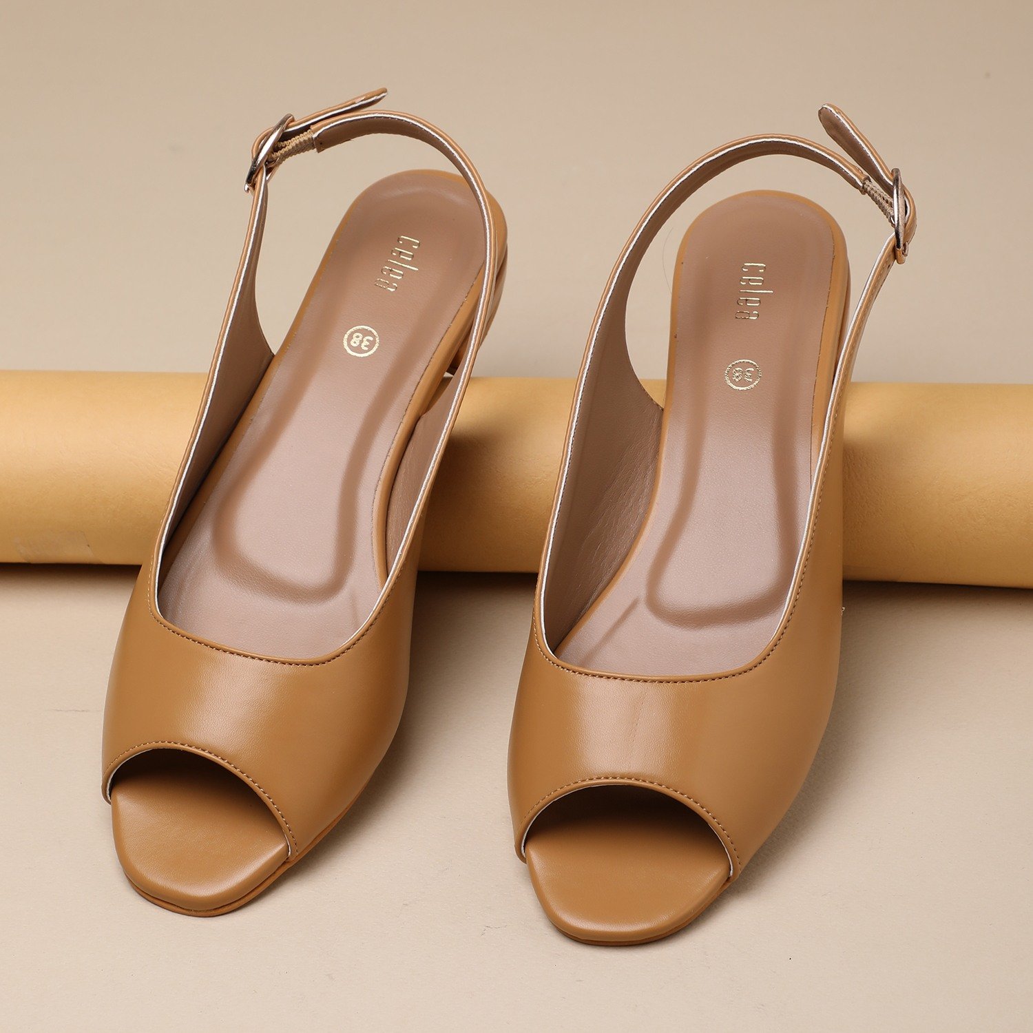 Women Tan Peep-Toe Slingback Flat Sandals