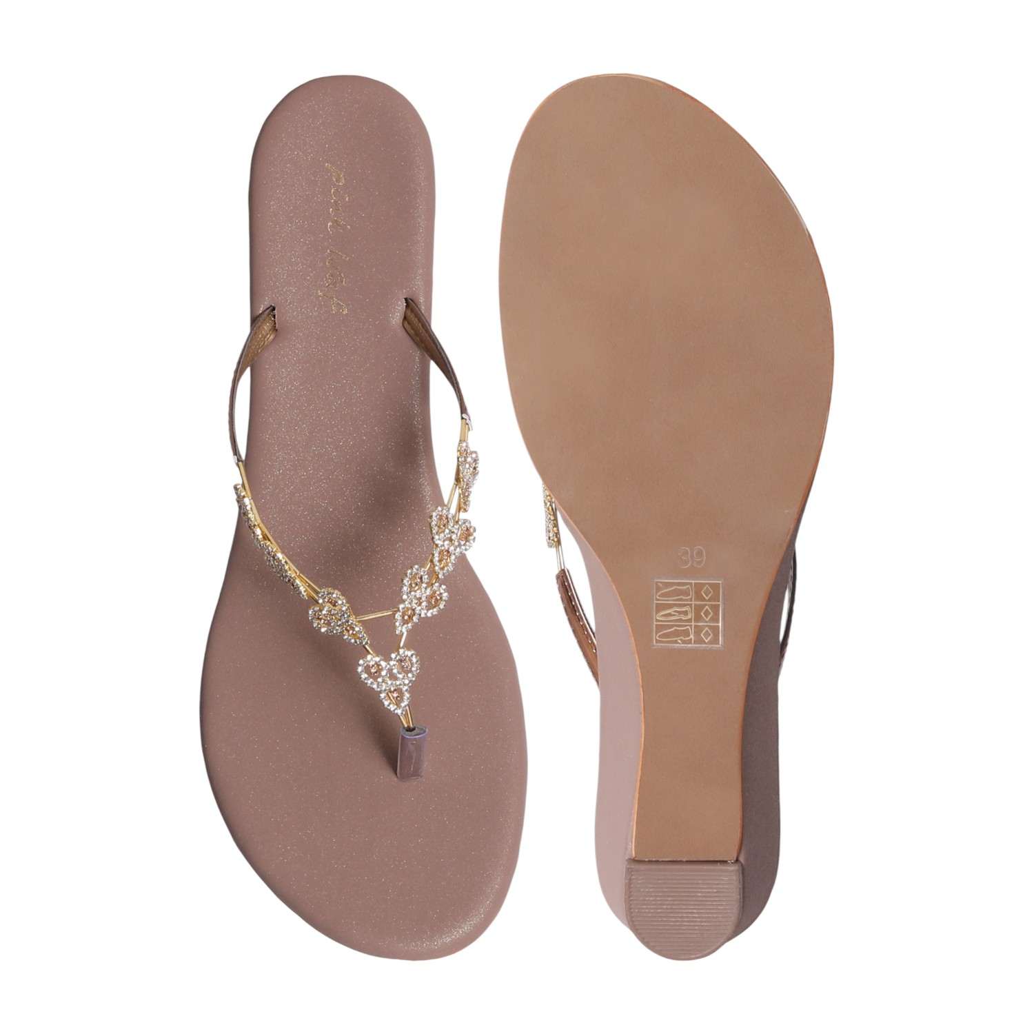 Women's Gold Crystal-Adorned Low Wedge Thong Sandals