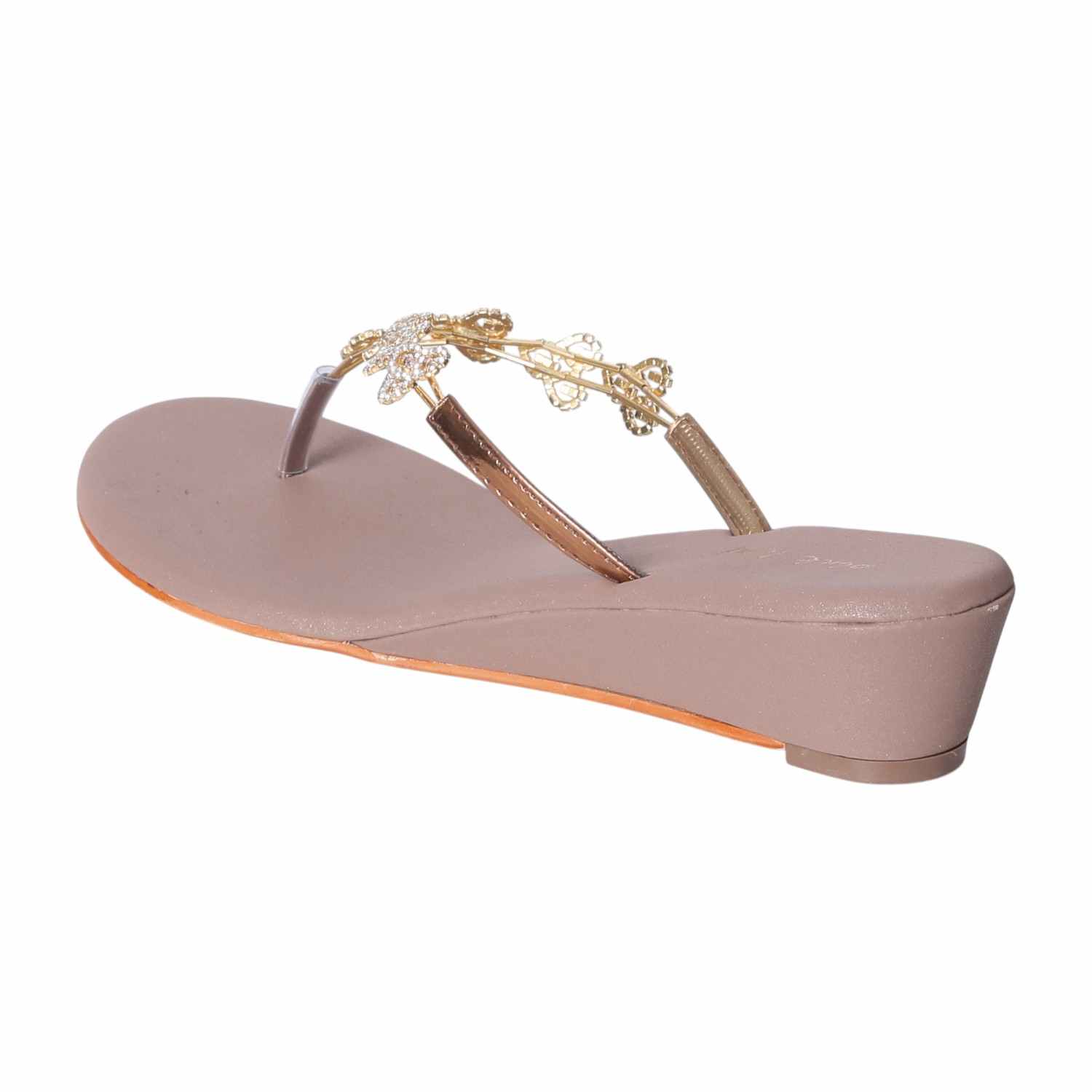 Women's Gold Crystal-Adorned Low Wedge Thong Sandals