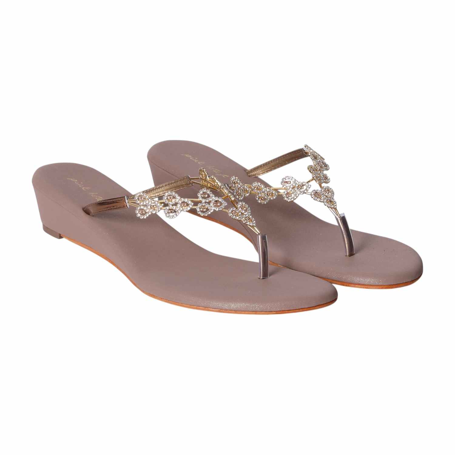 Women's Gold Crystal-Adorned Low Wedge Thong Sandals
