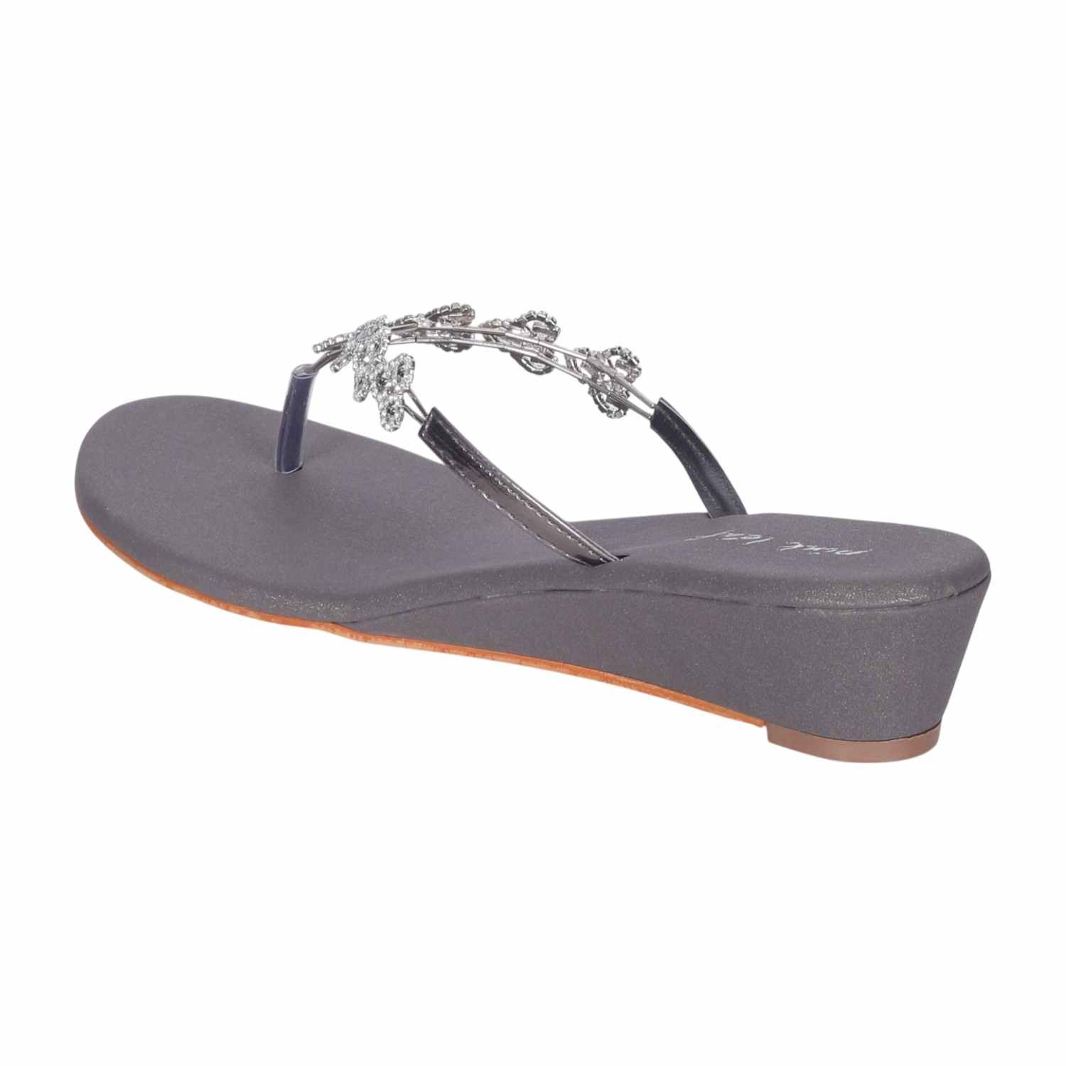 Women's Grey Crystal-Adorned Low Wedge Thong Sandals