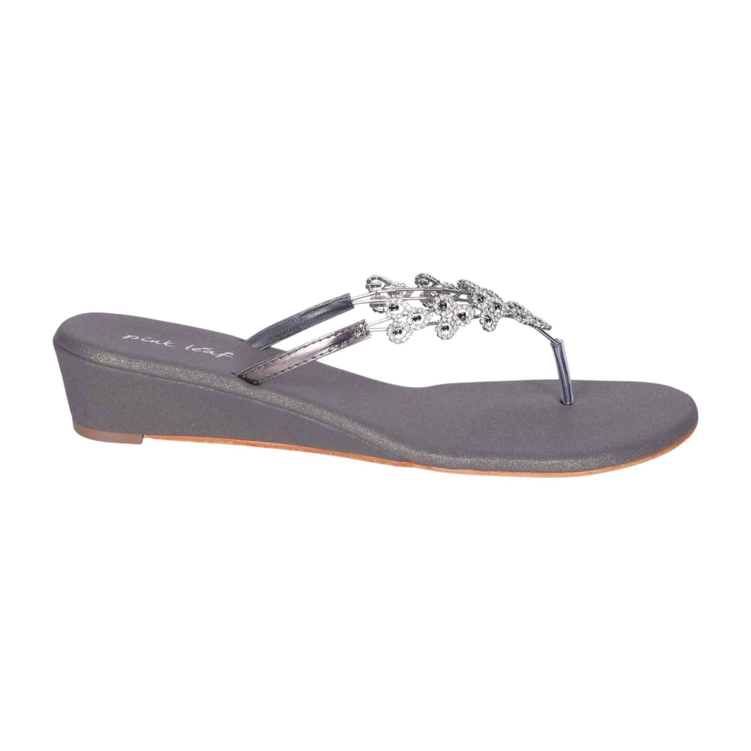 Women's Grey Crystal-Adorned Low Wedge Thong Sandals
