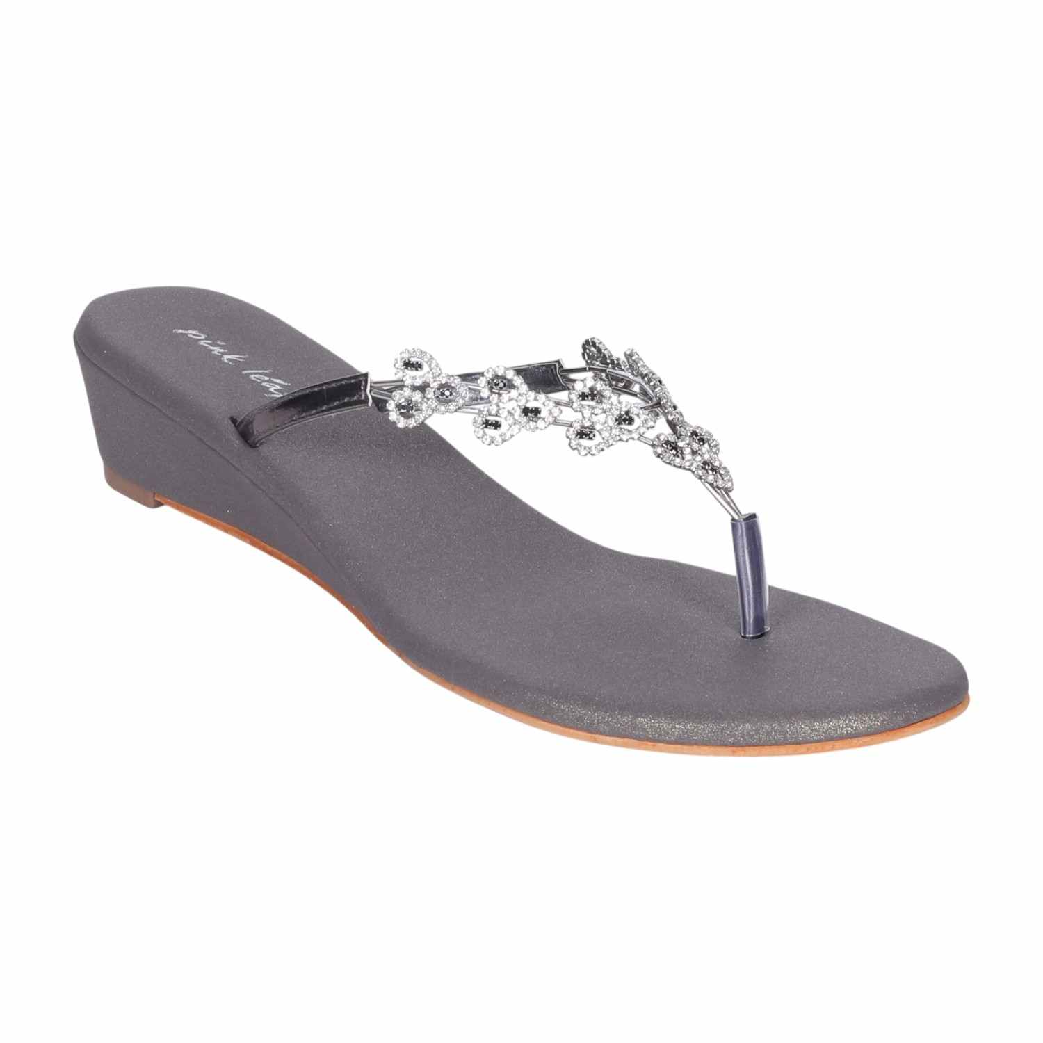 Women's Grey Crystal-Adorned Low Wedge Thong Sandals
