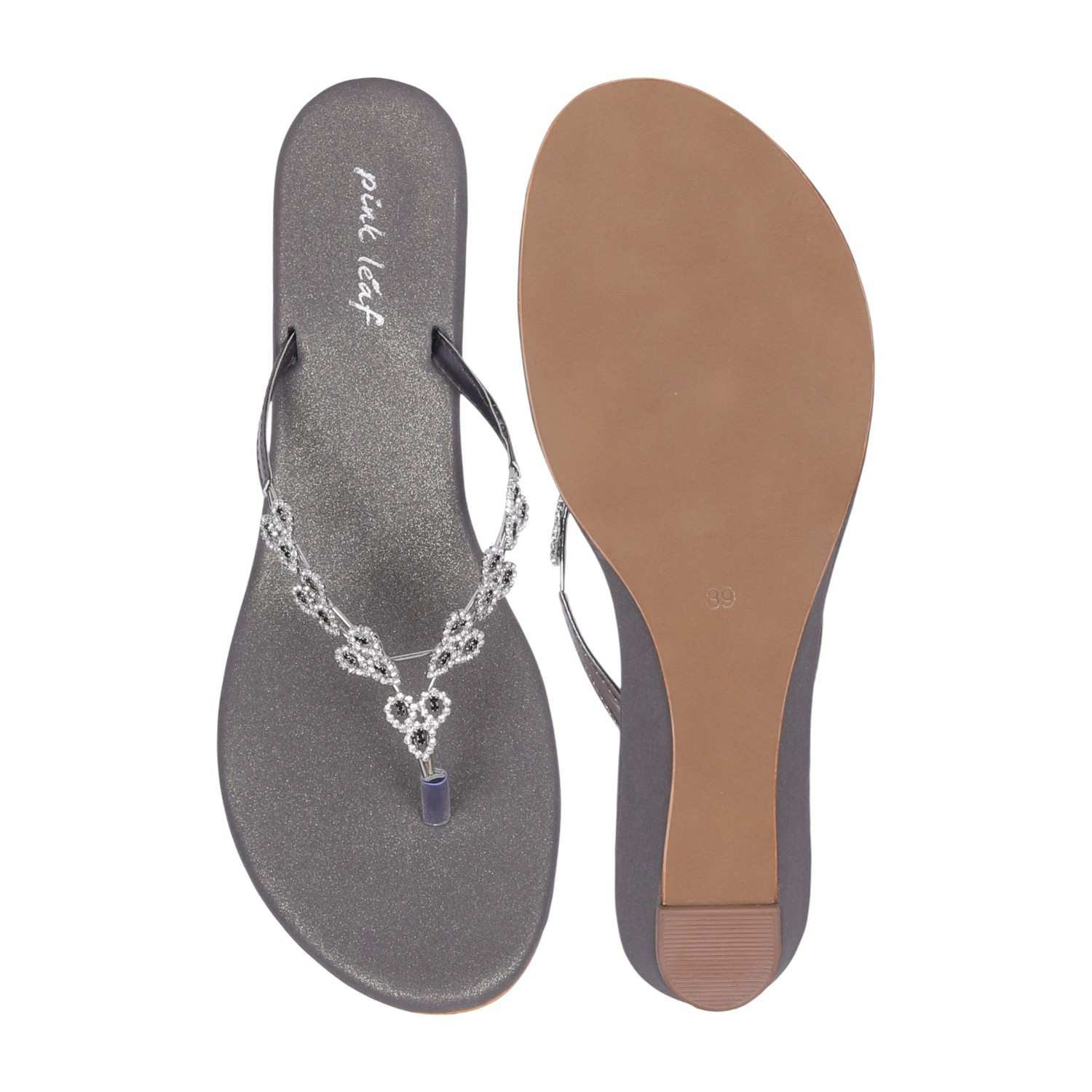 Women's Grey Crystal-Adorned Low Wedge Thong Sandals