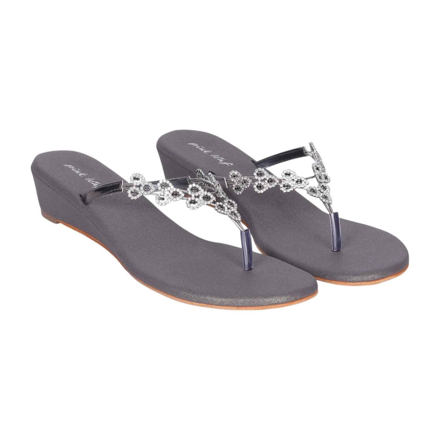 Women's Grey Crystal-Adorned Low Wedge Thong Sandals