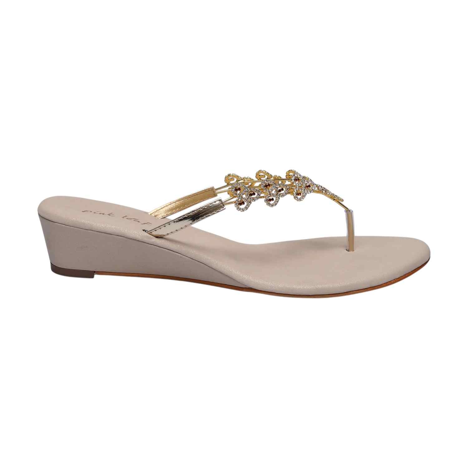Women Gold Crystal-Adorned Low Wedge Thongs