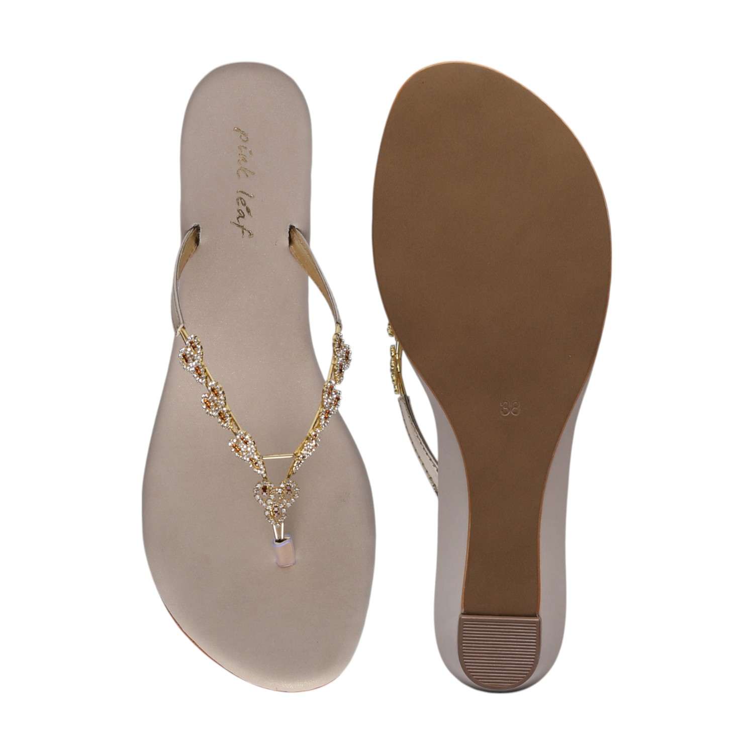 Women Gold Crystal-Adorned Low Wedge Thongs