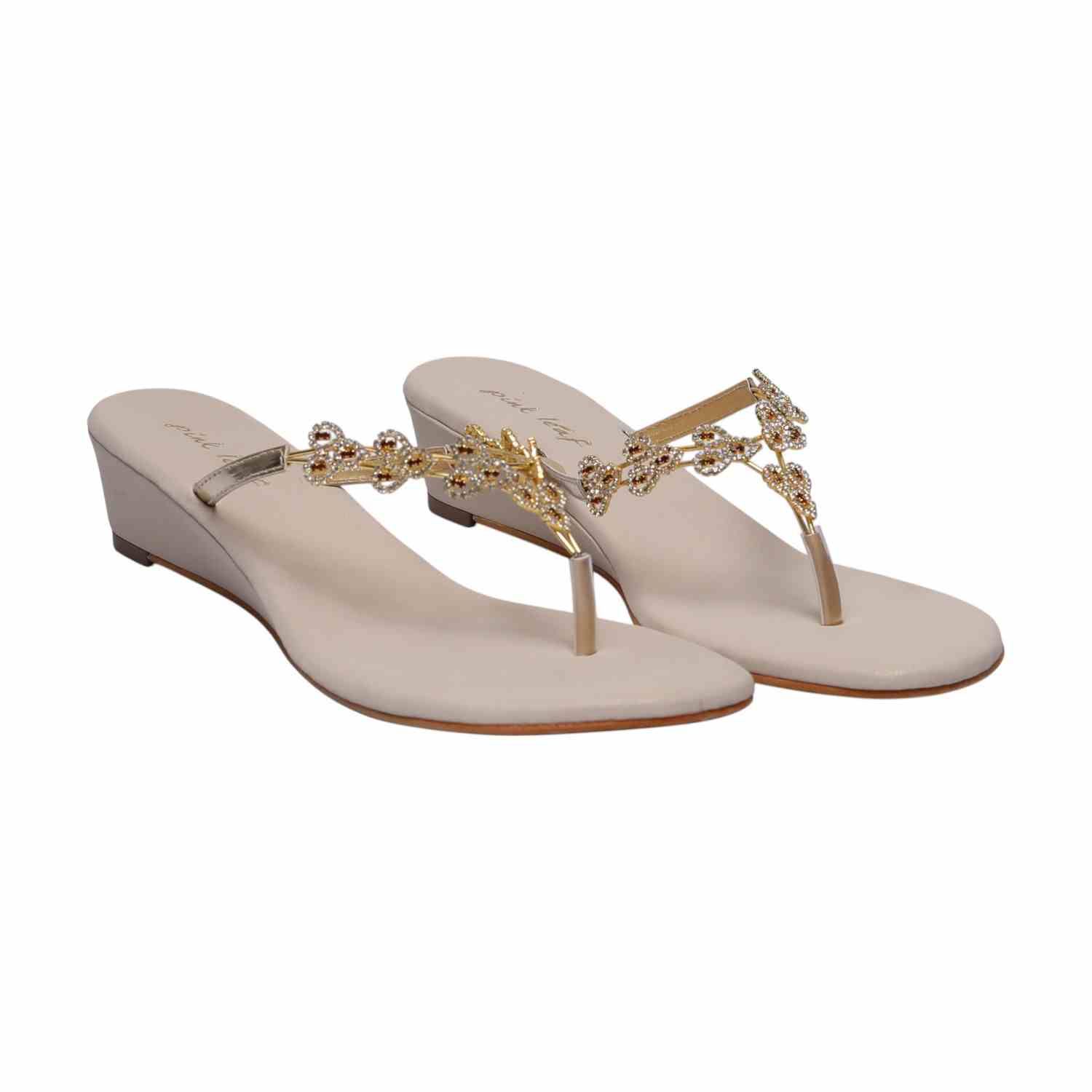 Women Gold Crystal-Adorned Low Wedge Thongs