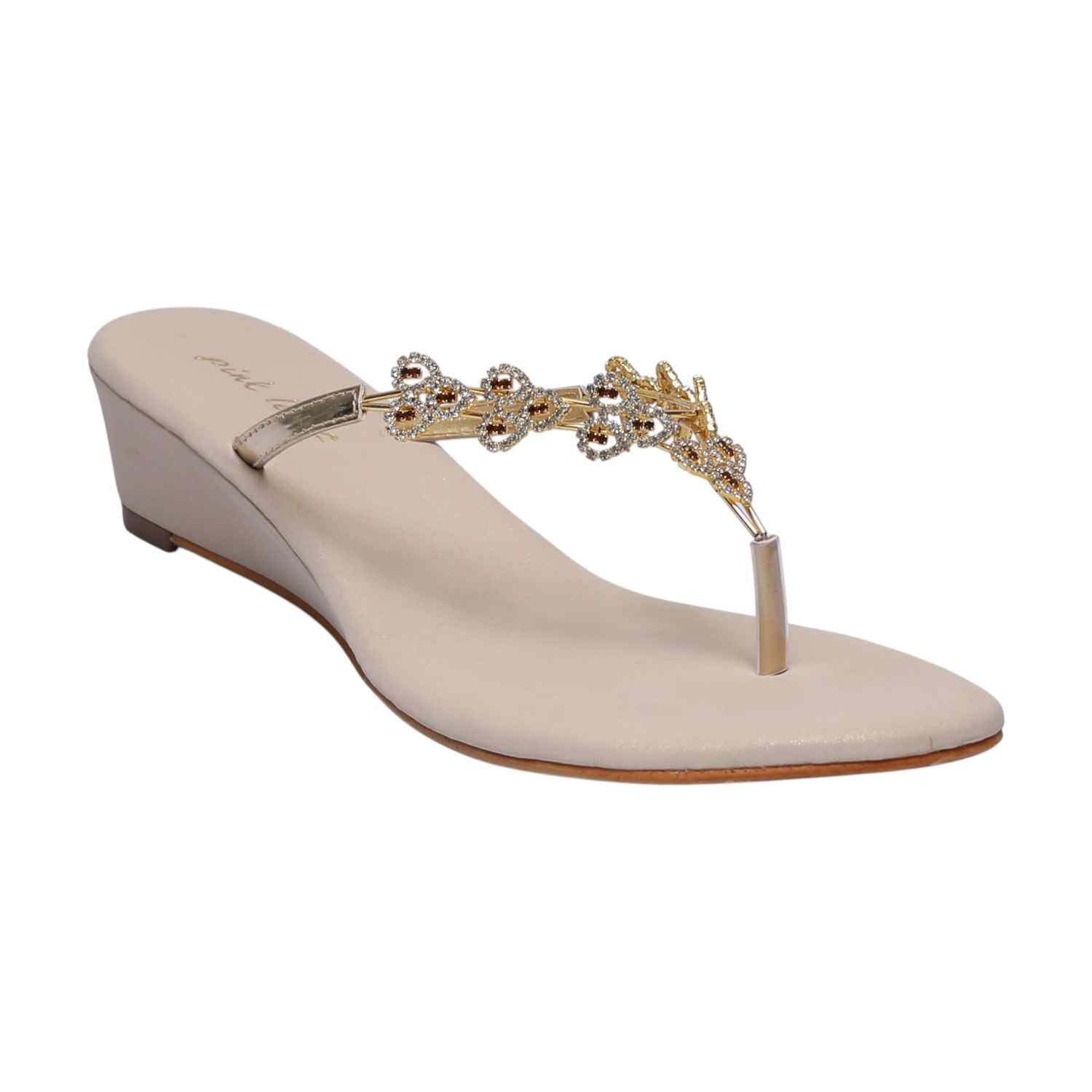 Women Gold Crystal-Adorned Low Wedge Thongs
