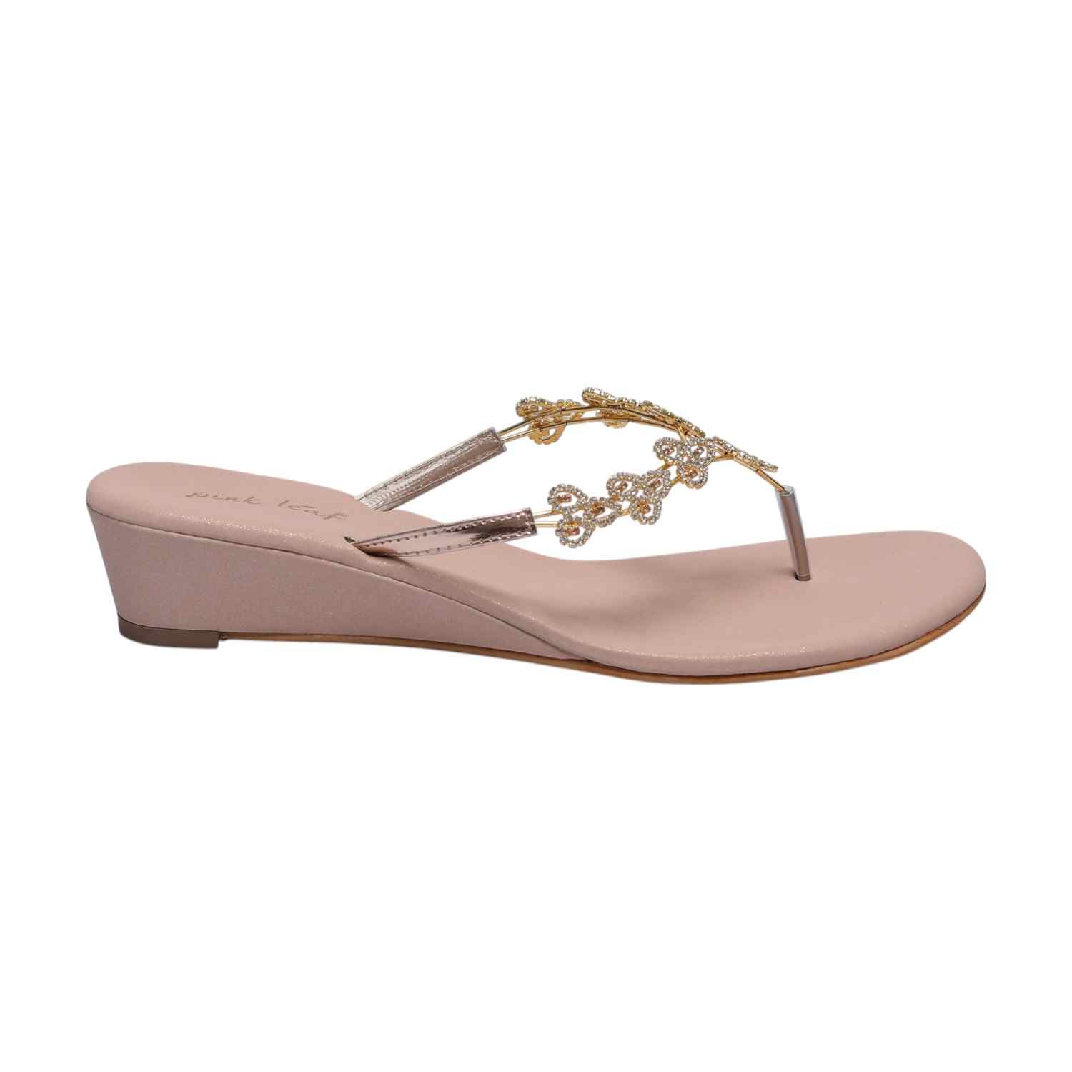 Women RoseGold CrystaL-Adorned Low Wedge Thongs