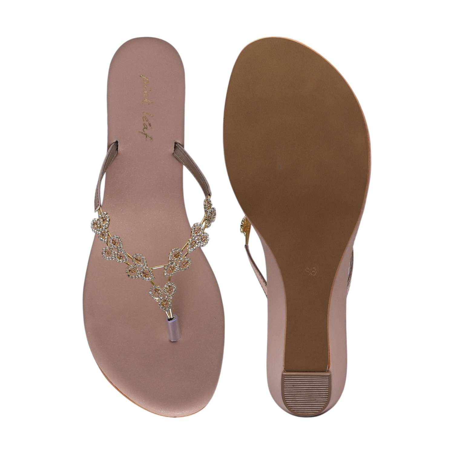 Women RoseGold CrystaL-Adorned Low Wedge Thongs